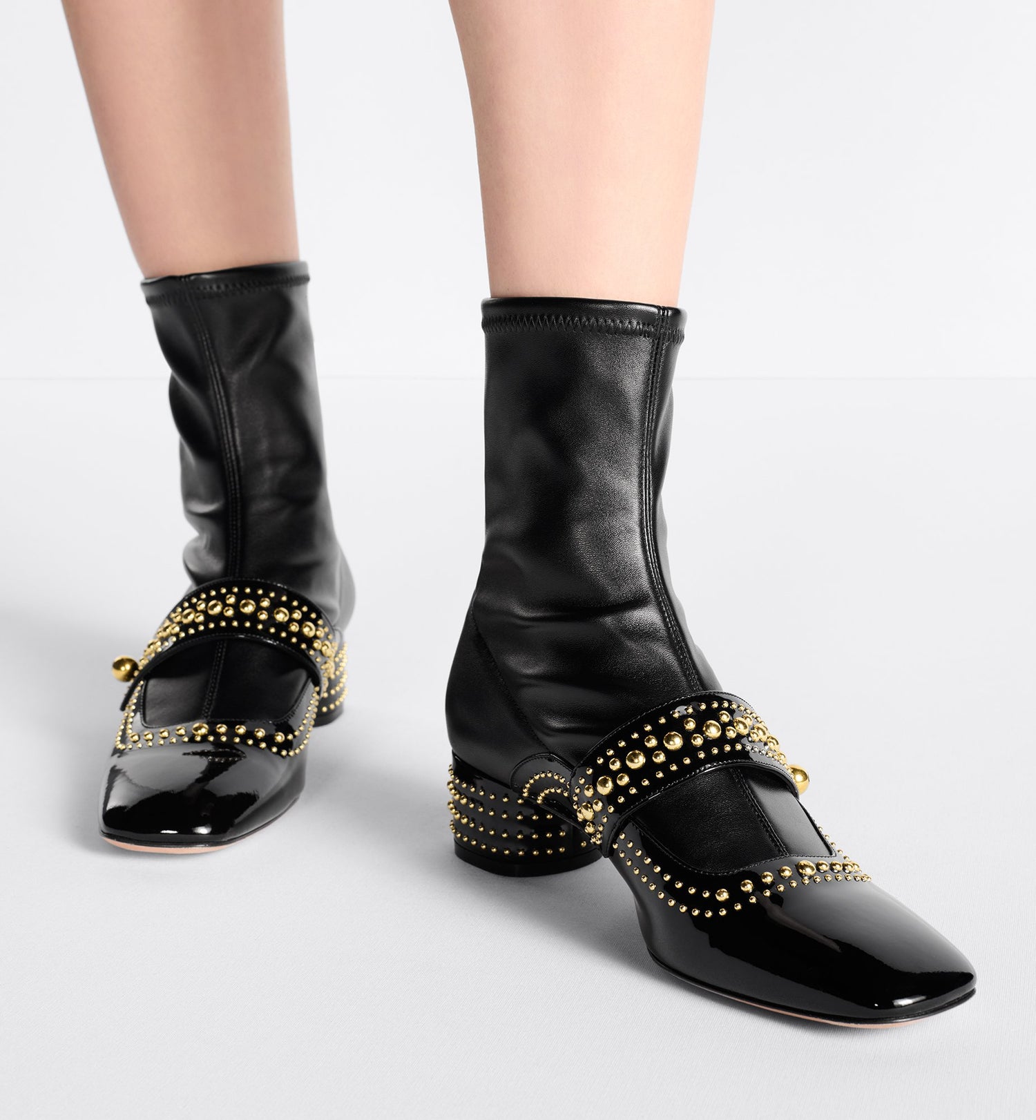 Belle-D Heeled Ankle Boot Black Patent Calfskin And Gold-Finish Studs