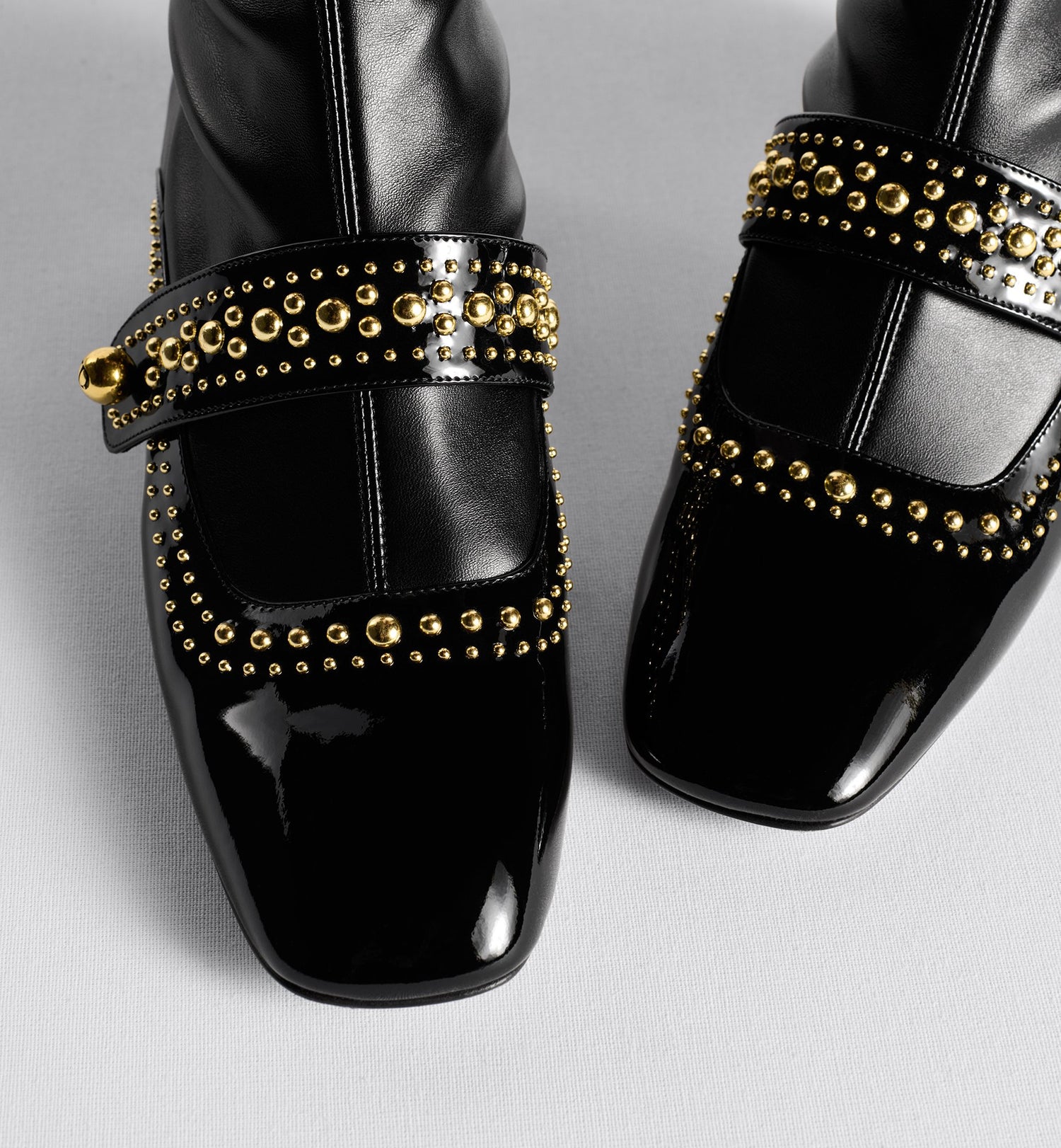 Belle D Heeled Ankle Boot Black Patent Calfskin And Gold-Finish Studs