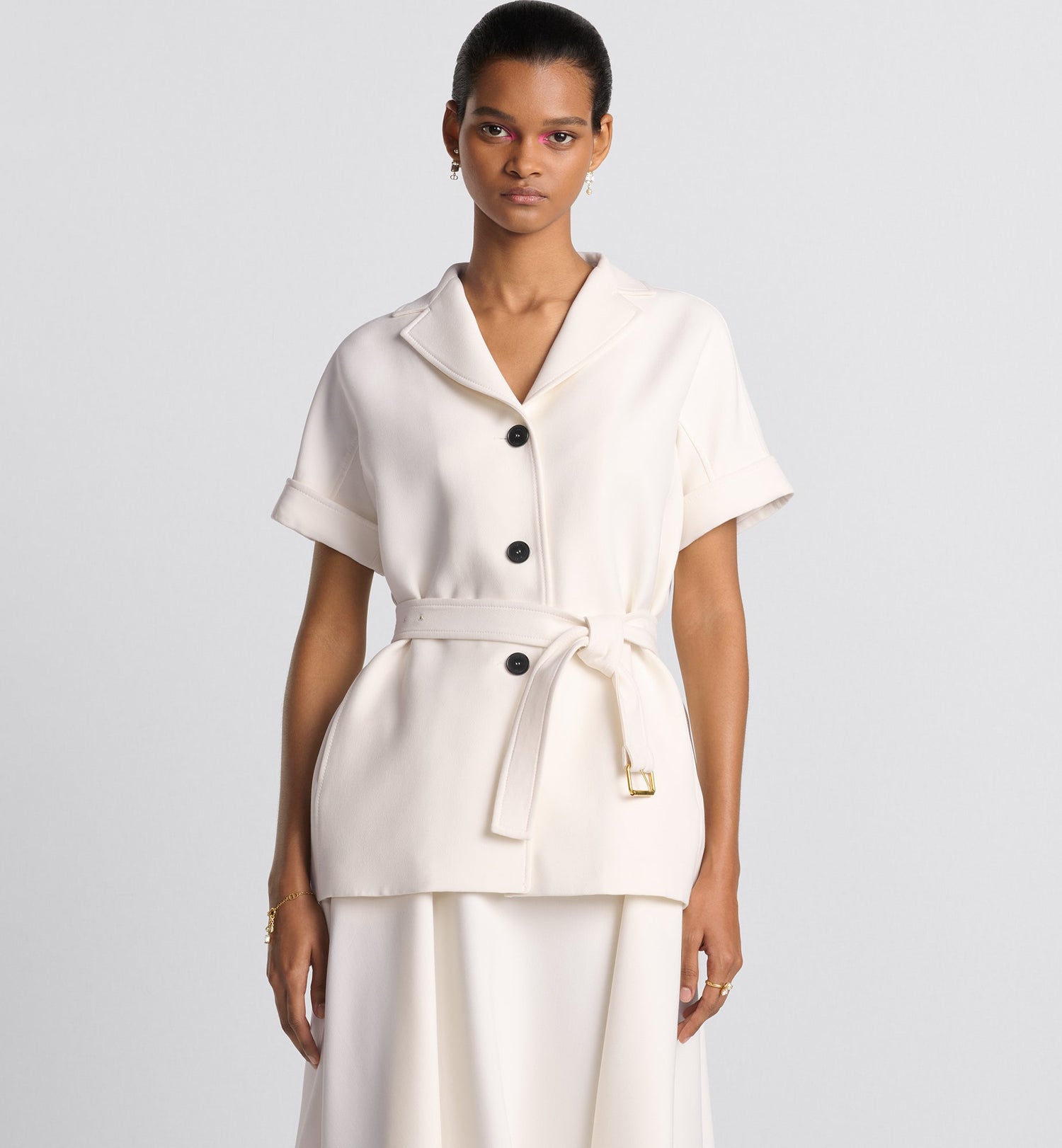 Short-Sleeved Belted Jacket White Wool And Silk