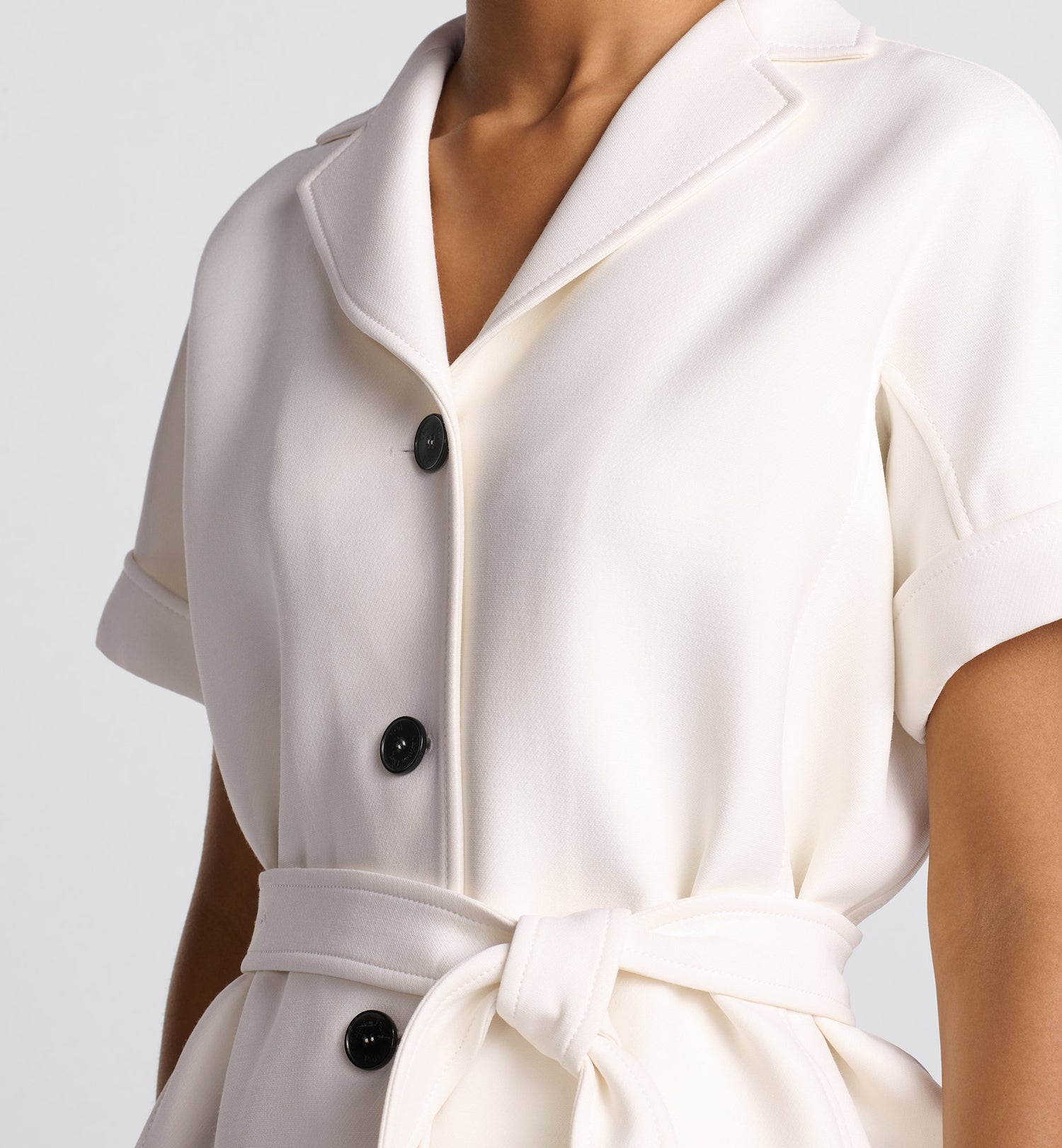 Short Sleeved Belted Jacket White Wool And Silk