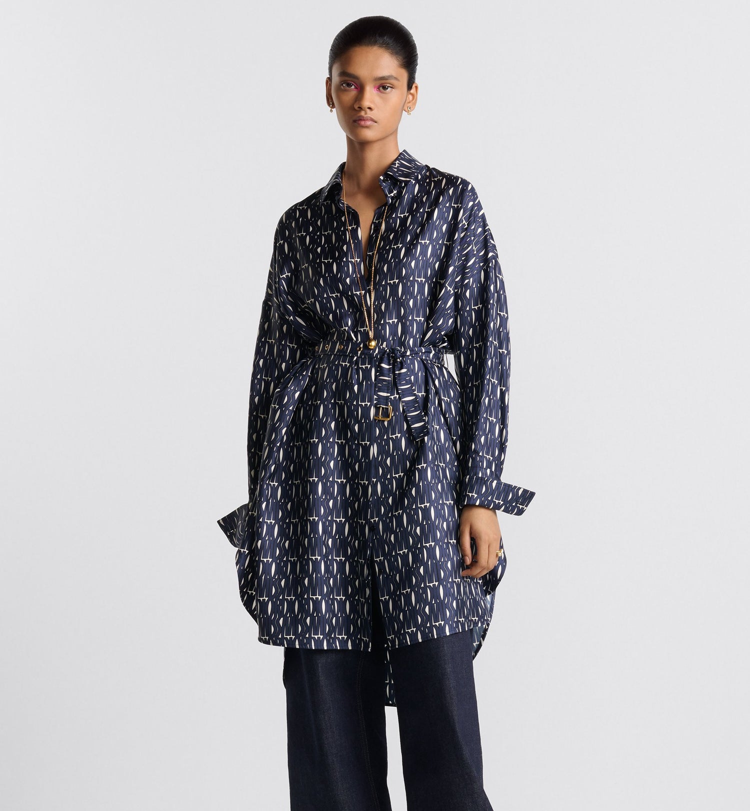 Belted Shirtdress White Silk Twill With Navy Blue Miss Dior Allover Motif