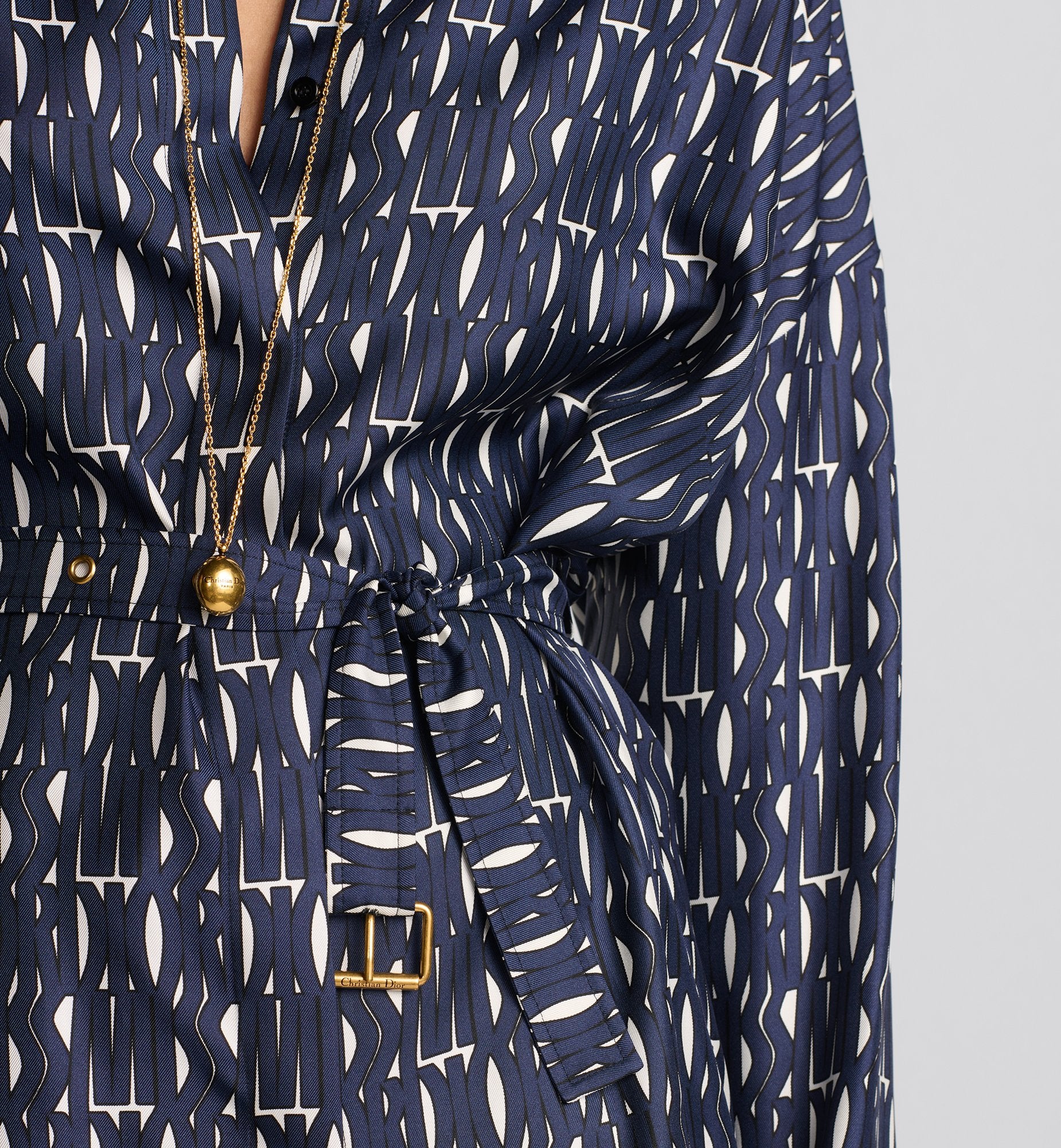 Belted Shirtdress White Silk Twill With Navy Blue Miss Dior Allover Motif