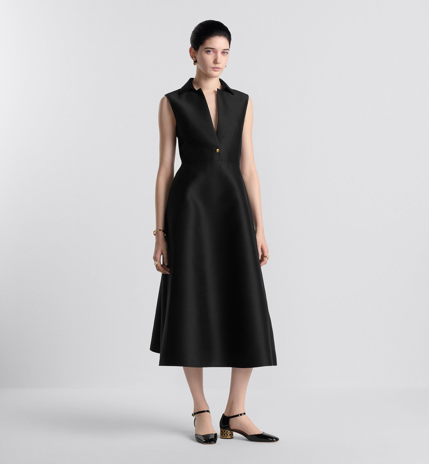 Belted Mid Length Dress Black Wool And Silk Shantung