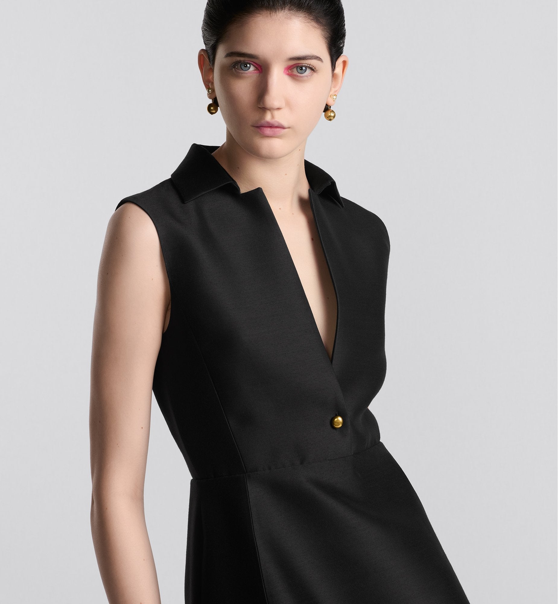 Belted Mid Length Dress Black Wool And Silk Shantung