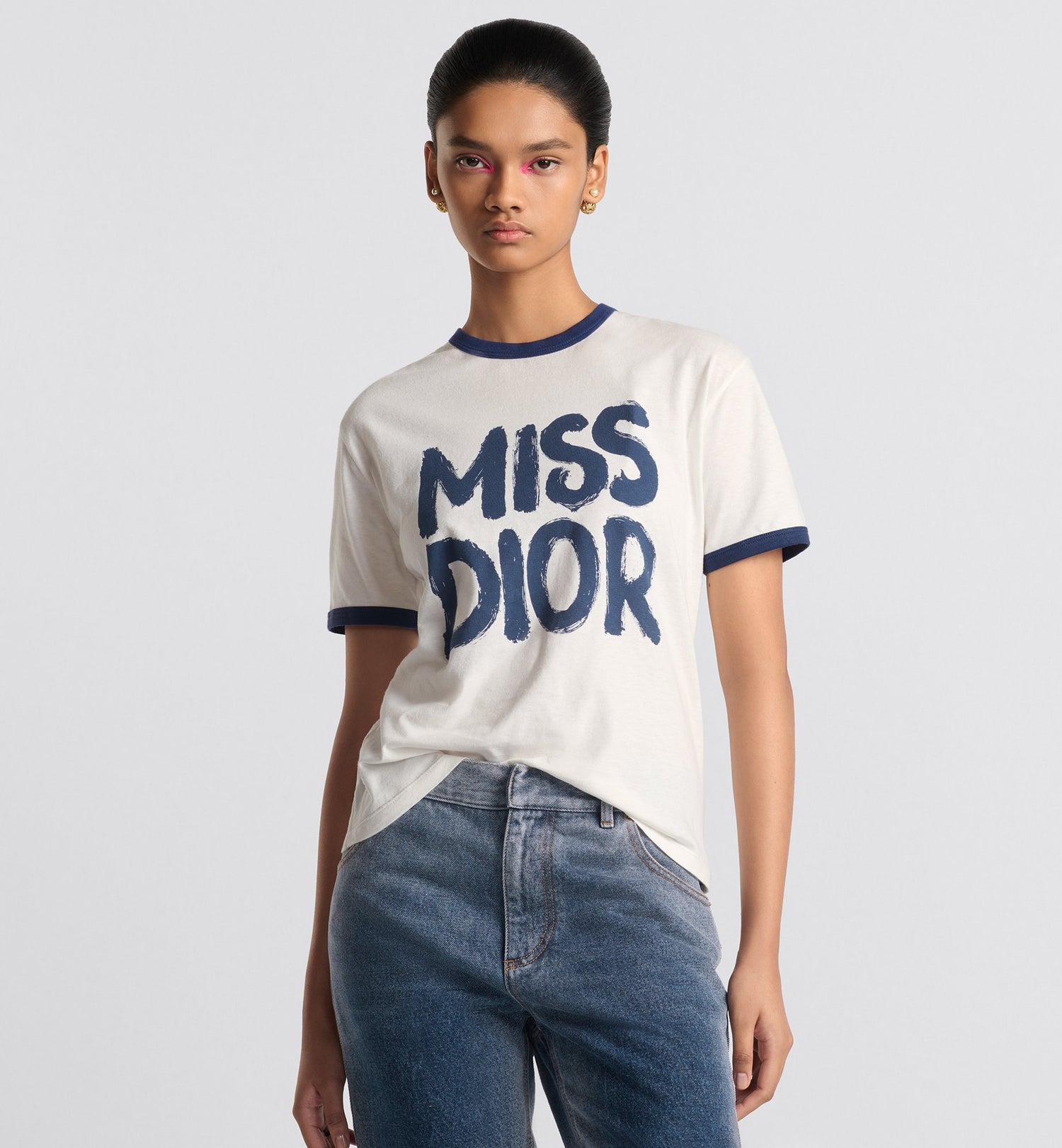 T-Shirt White Cotton And Linen Jersey With Blue Miss Dior Graffiti Motif