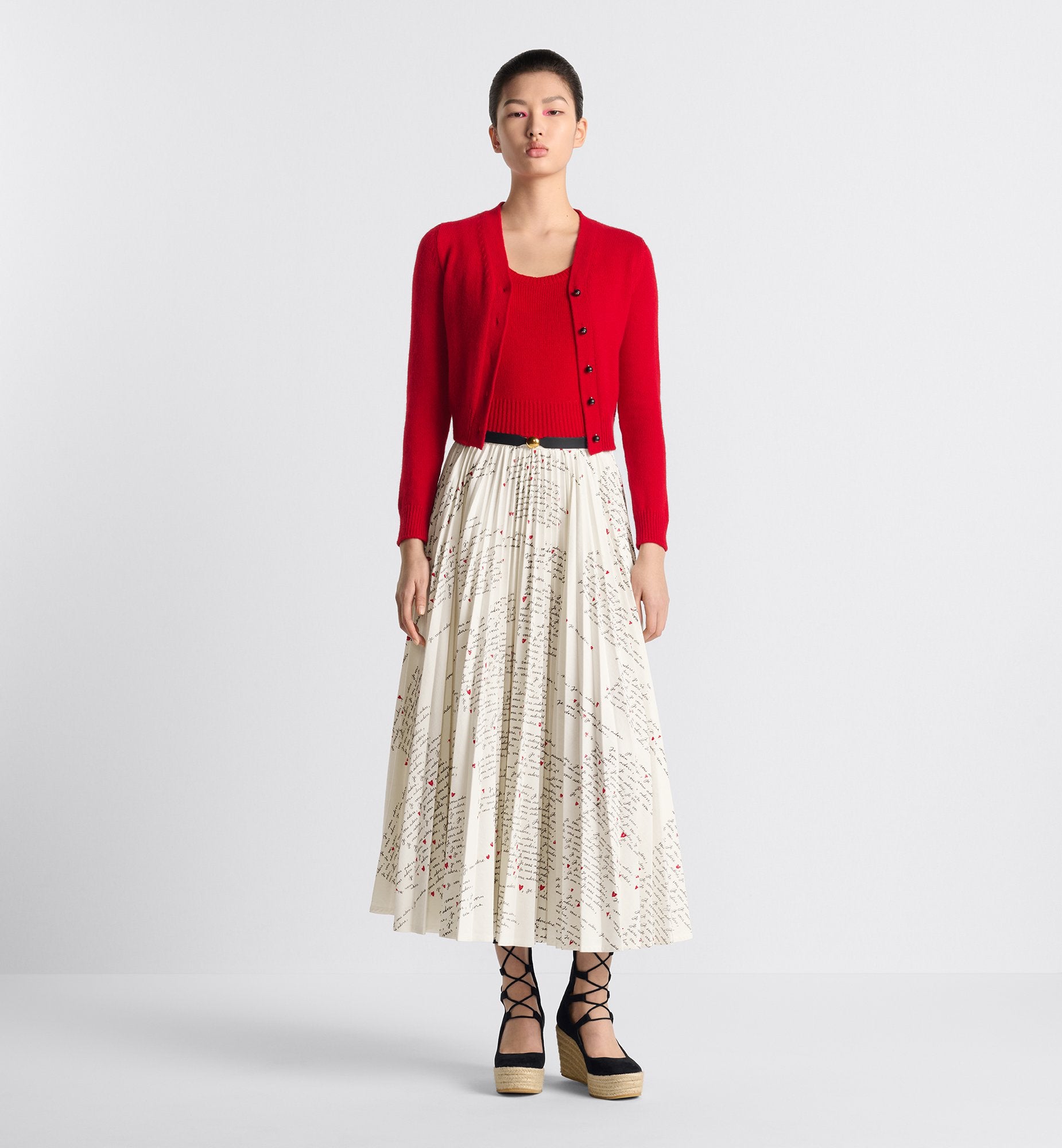 Dioramour Mid Length Pleated Skirt White Cotton Denim With Black And Red Embroidered Je Vous Adore Motif