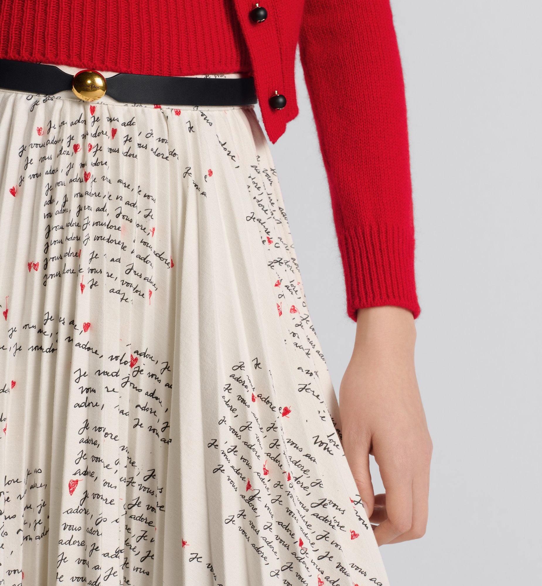 Dioramour Mid Length Pleated Skirt White Cotton Denim With Black And Red Embroidered Je Vous Adore Motif