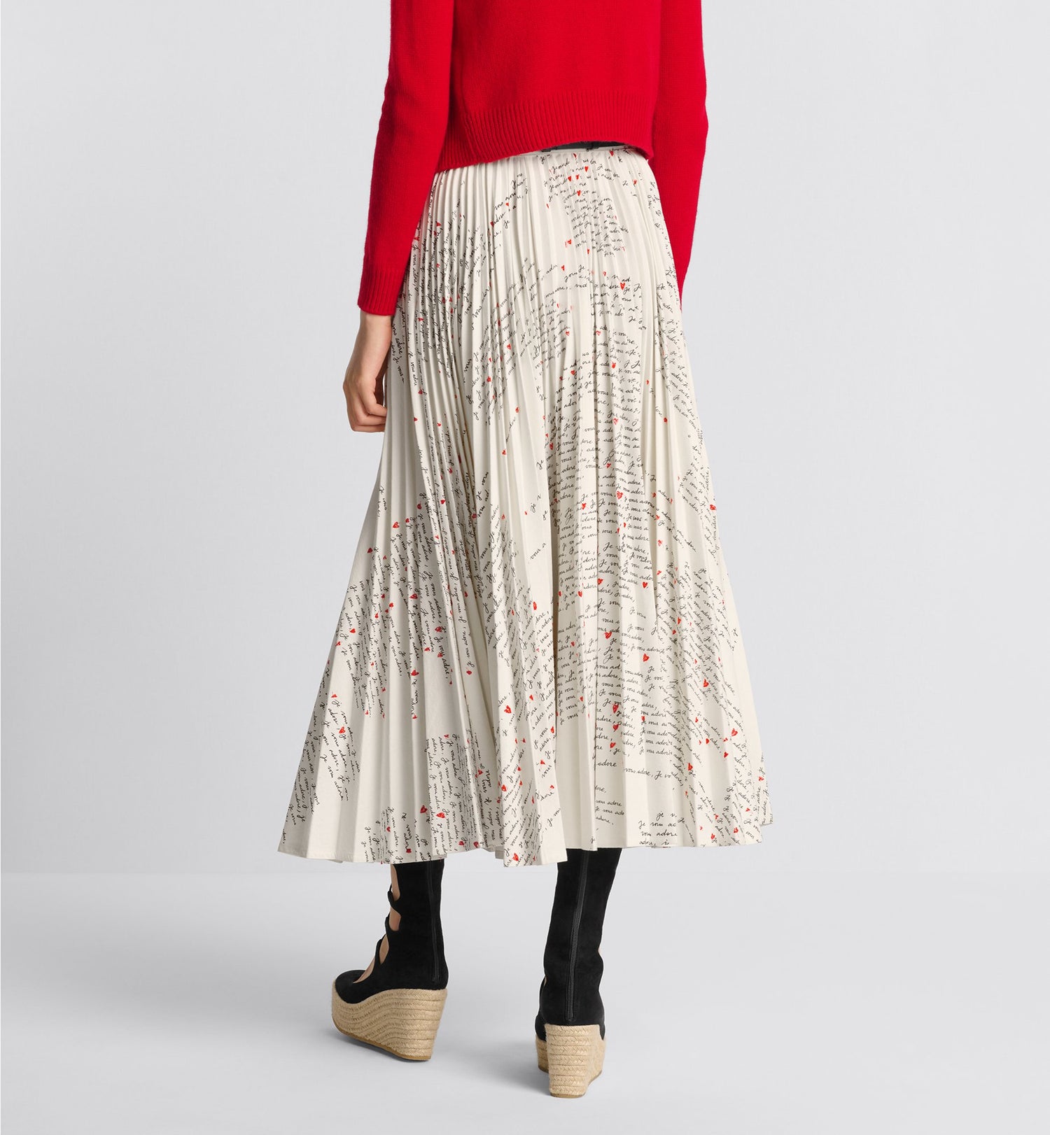 Dioramour Mid-Length Pleated Skirt White Cotton Denim With Black And Red Embroidered Je Vous Adore Motif