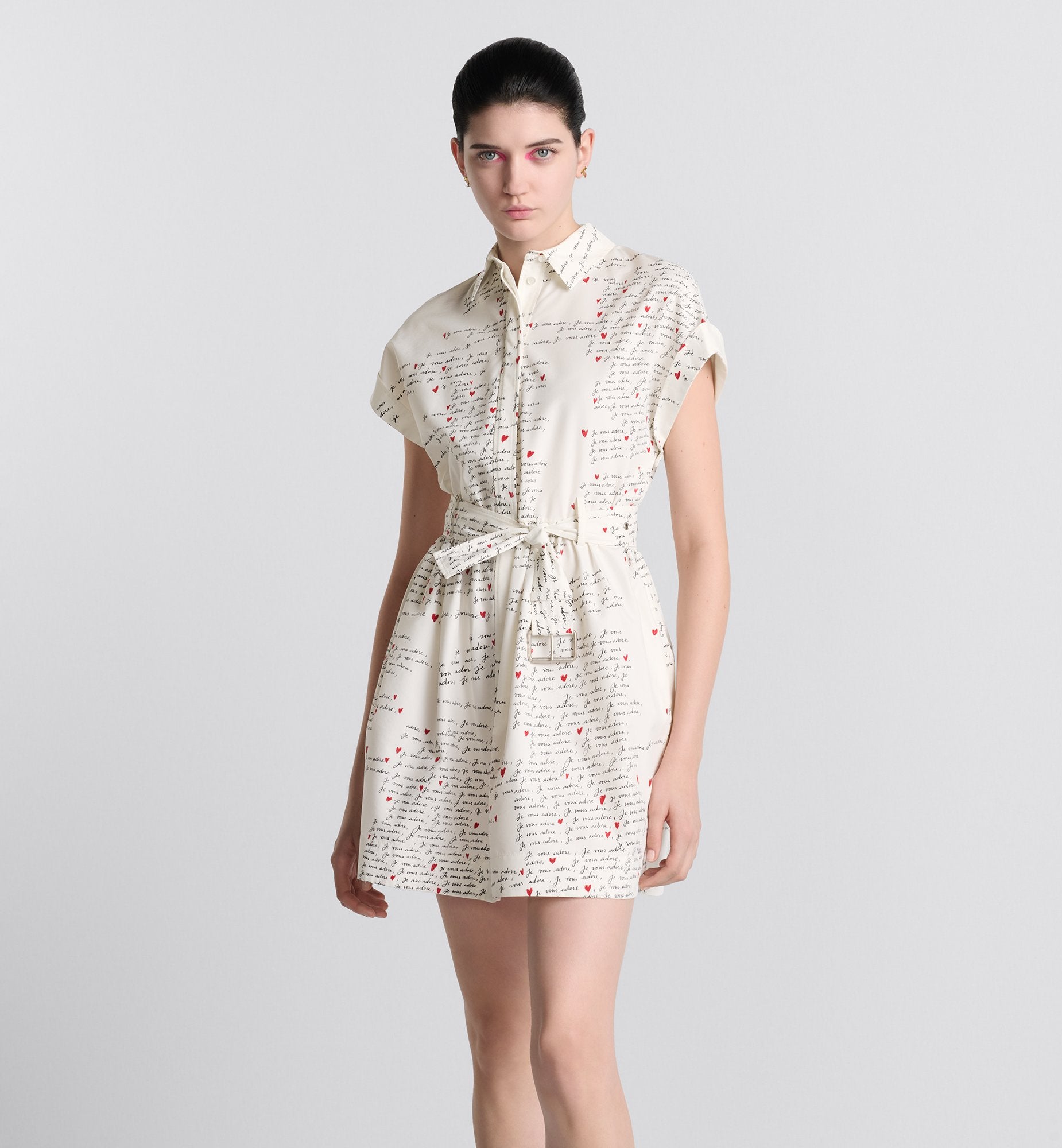 Dioramour Belted Shirtdress White Cotton And Silk Poplin With Black And Red Je Vous Adore Motif