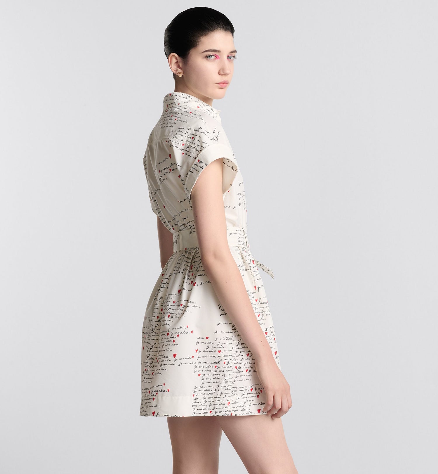 Dioramour Belted Shirtdress White Cotton And Silk Poplin With Black And Red Je Vous Adore Motif