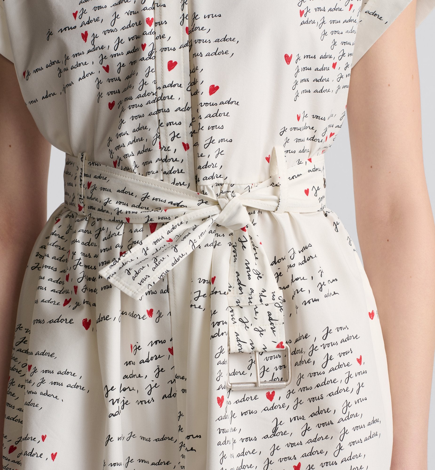 Dioramour Belted Shirtdress White Cotton And Silk Poplin With Black And Red Je Vous Adore Motif