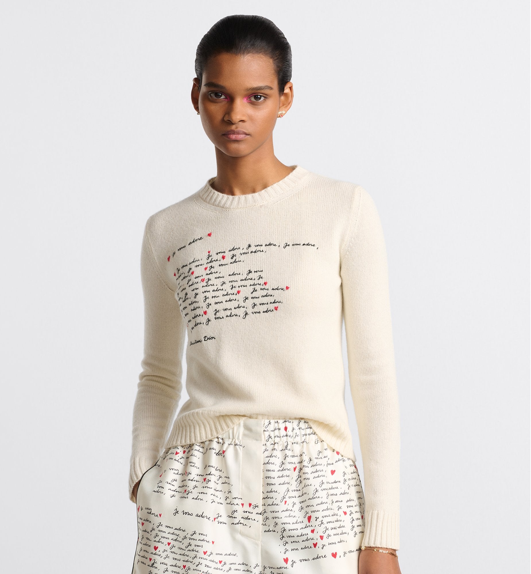 Dioramour Embroidered Sweater White Cashmere Knit With Black And Red Je Vous Adore Motif