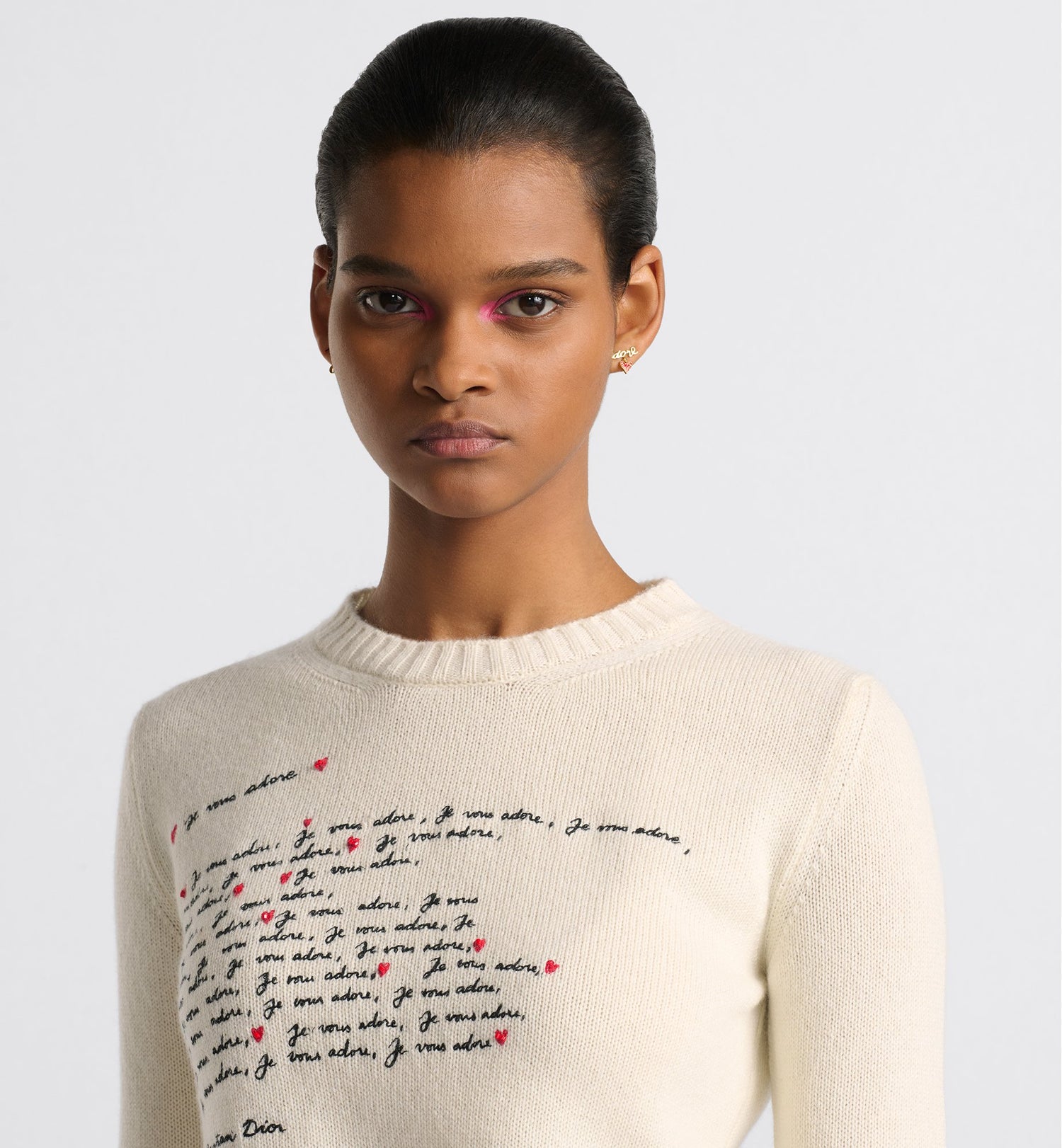 Dioramour Embroidered Sweater White Cashmere Knit With Black And Red Je Vous Adore Motif