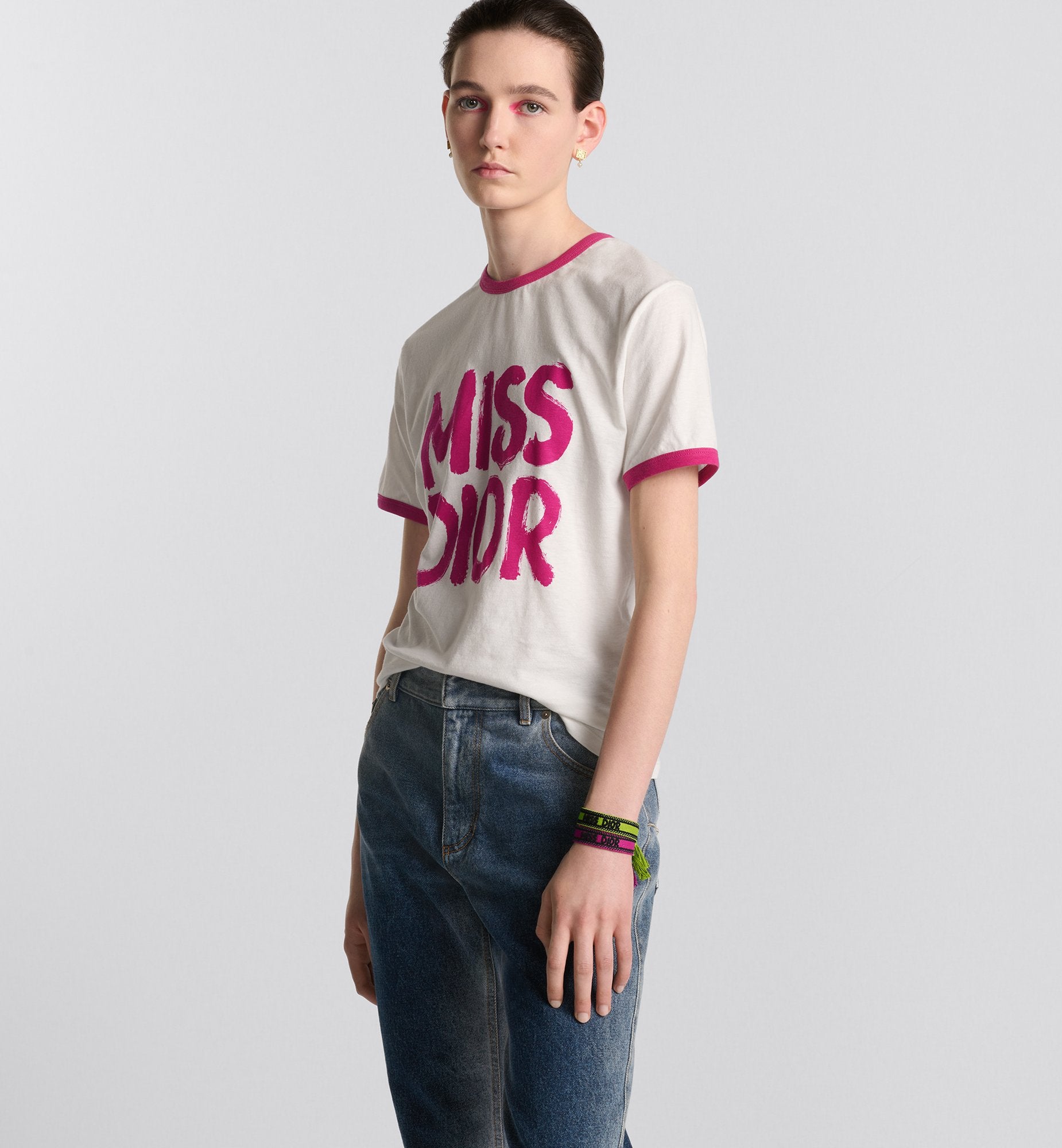 T Shirt White Cotton And Linen Jersey With Fuchsia Miss Dior Graffiti Motif