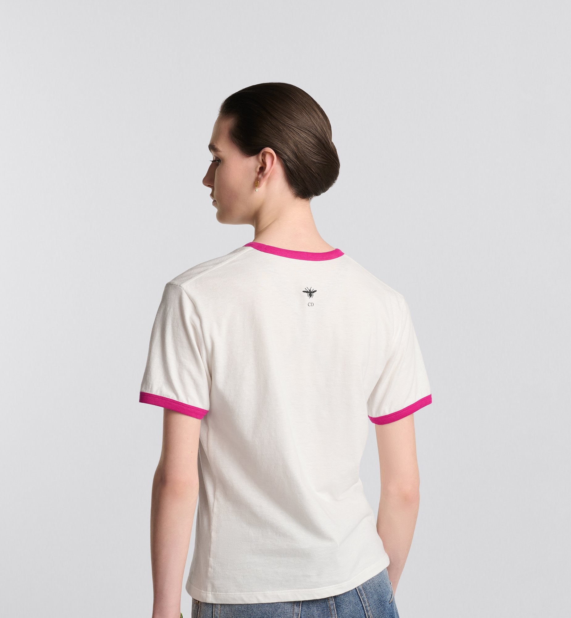 T-Shirt White Cotton And Linen Jersey With Fuchsia Miss Dior Graffiti Motif