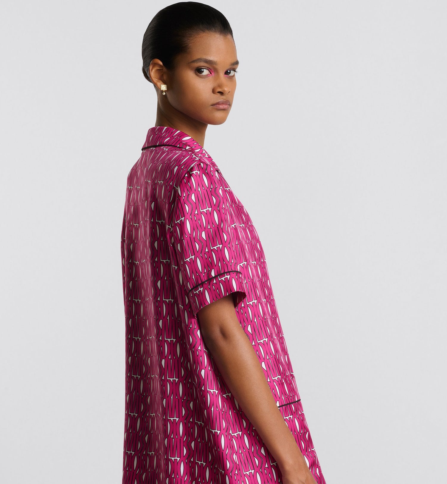 Short Sleeved Shirt White Silk Twill With Fuchsia Miss Dior Allover Motif