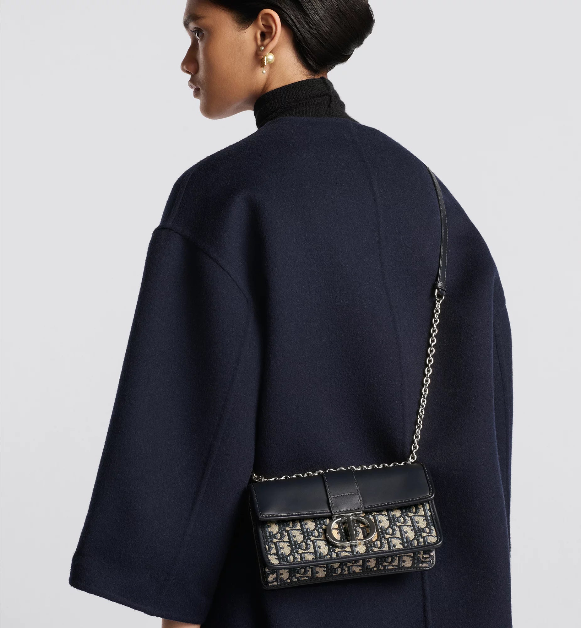 30 Montaigne East-West Bag with Chain Blue Dior Oblique Jacquard and Smooth Calfskin