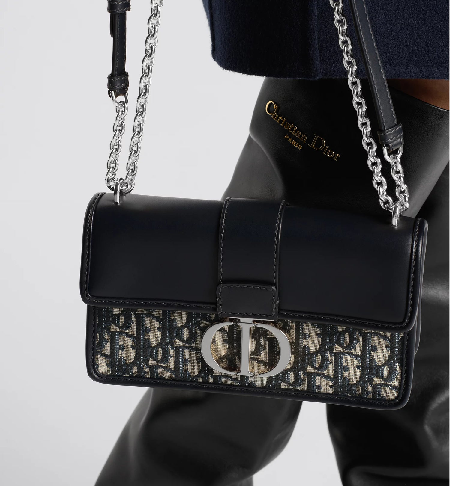 30 Montaigne East-West Bag with Chain Blue Dior Oblique Jacquard and Smooth Calfskin