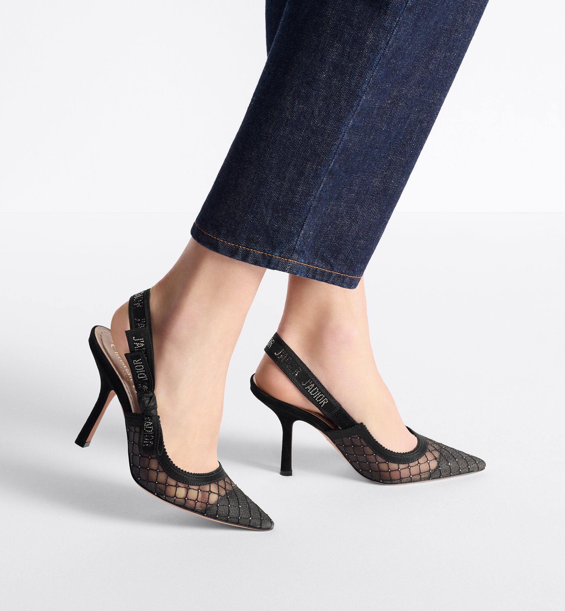 JAdior Slingback Pump Black Transparent Mesh Embroidered With Silver-Tone Strass