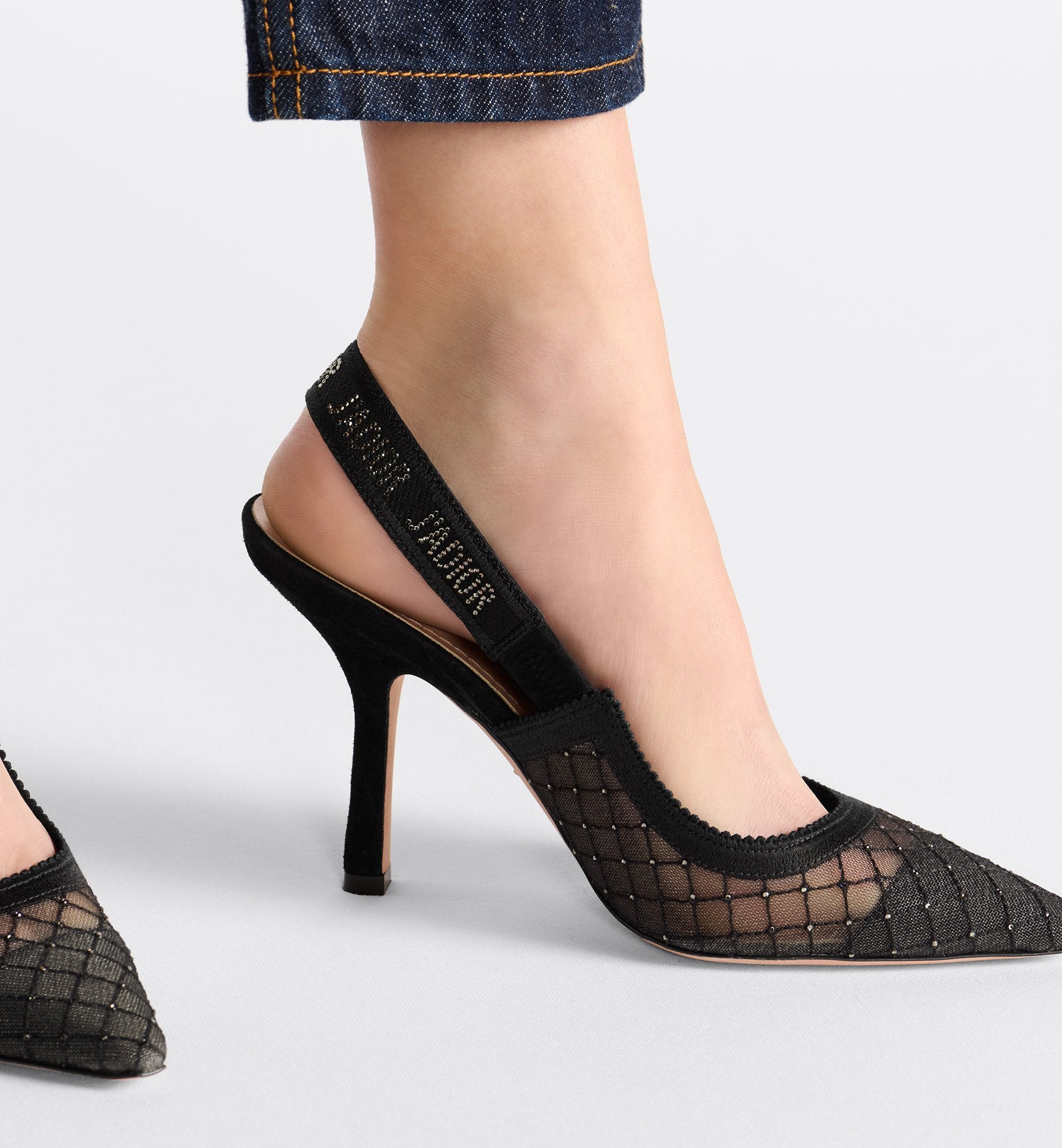 JAdior Slingback Pump Black Transparent Mesh Embroidered With Silver-Tone Strass