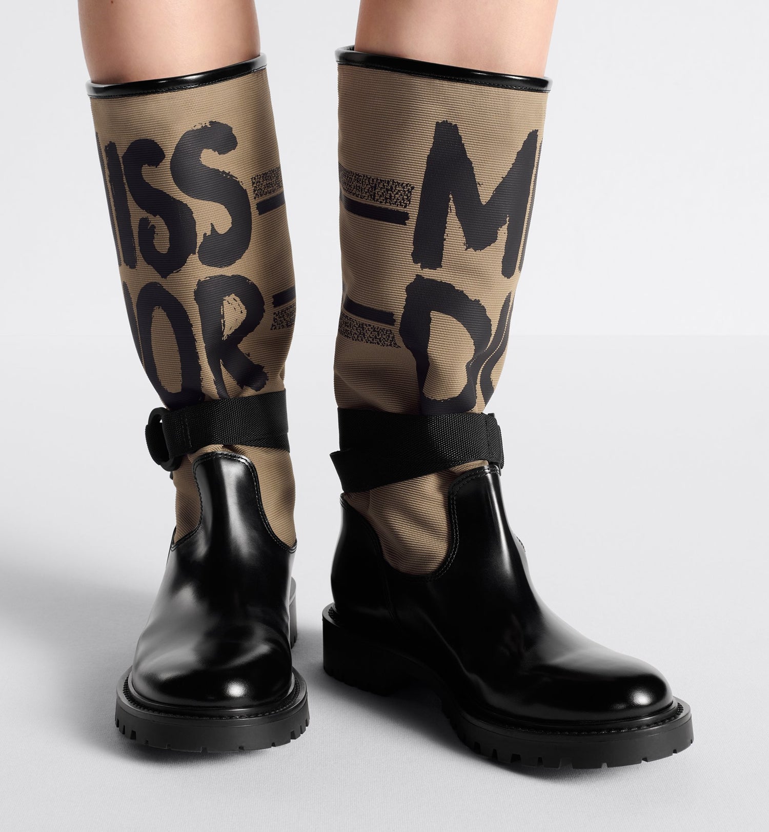 D-Major Boot Warm Taupe Technical Canvas With Black Miss Dior Graffiti Print And Black Calfskin