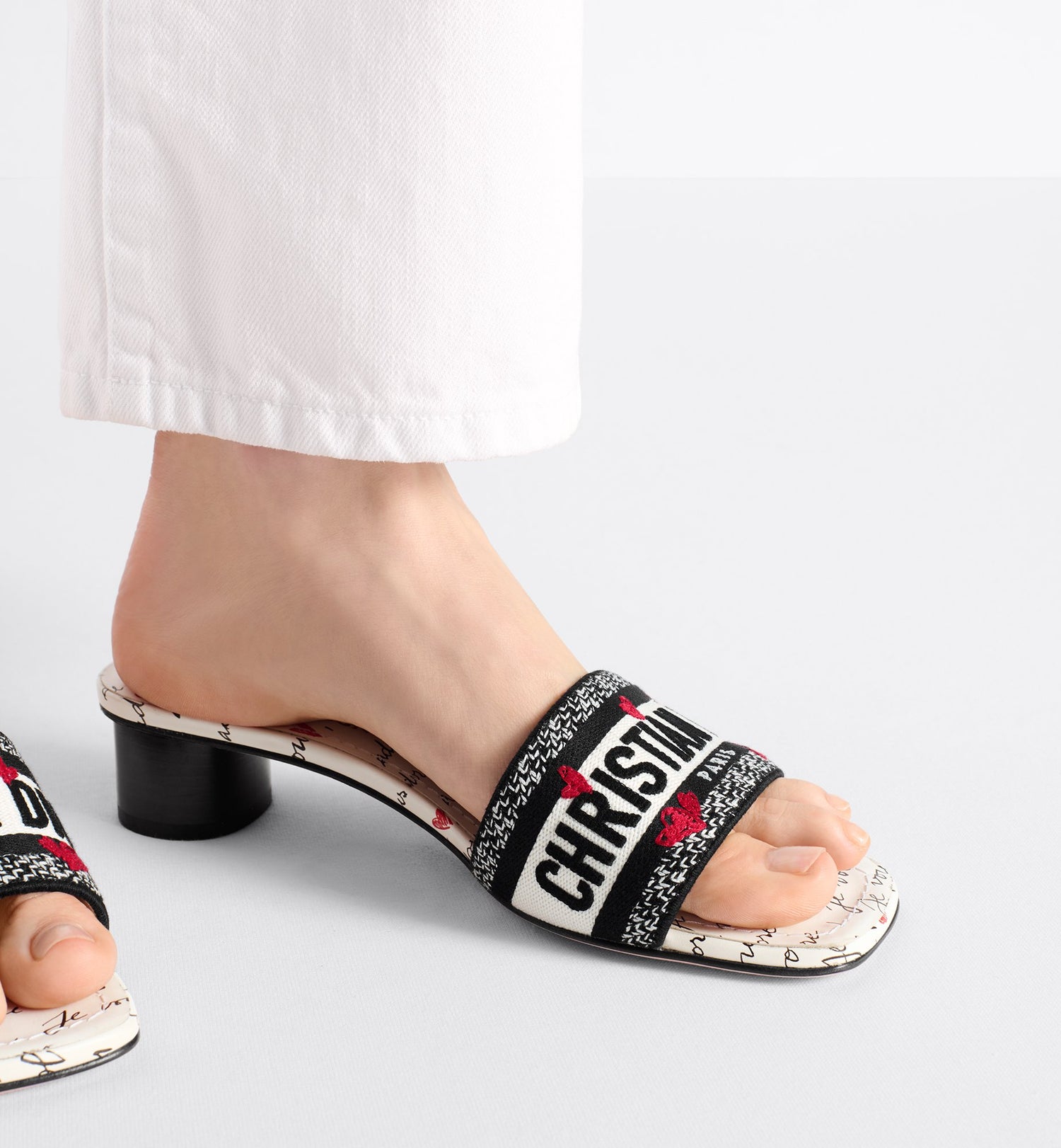 Dioramour Dway Heeled Slide Black And White Embroidered Cotton With Black And Red Je Vous Adore Motif