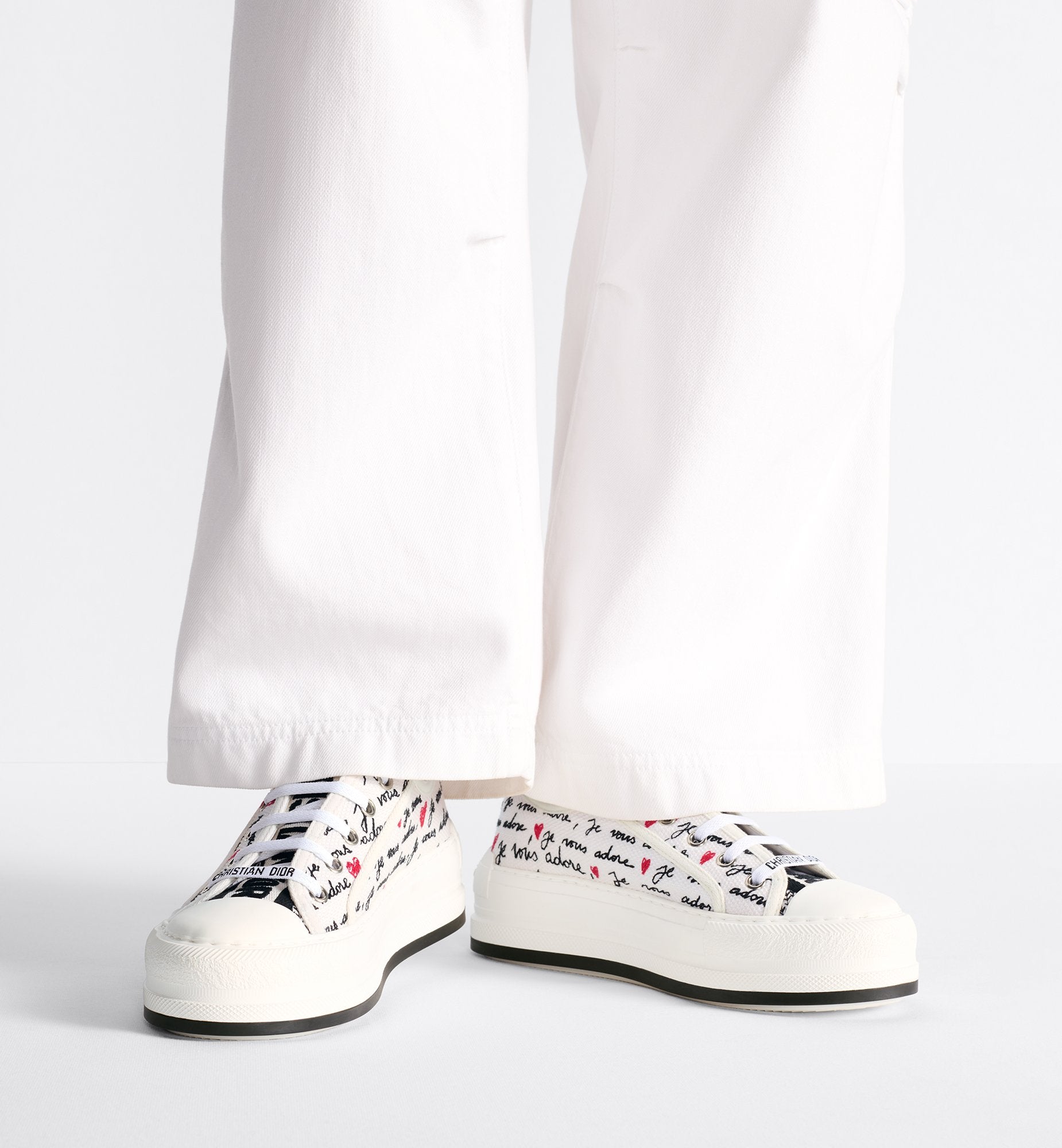 Dioramour Walk N Dior Platform Sneaker White Cotton With Embroidered Black And Red Je Vous Adore Motif