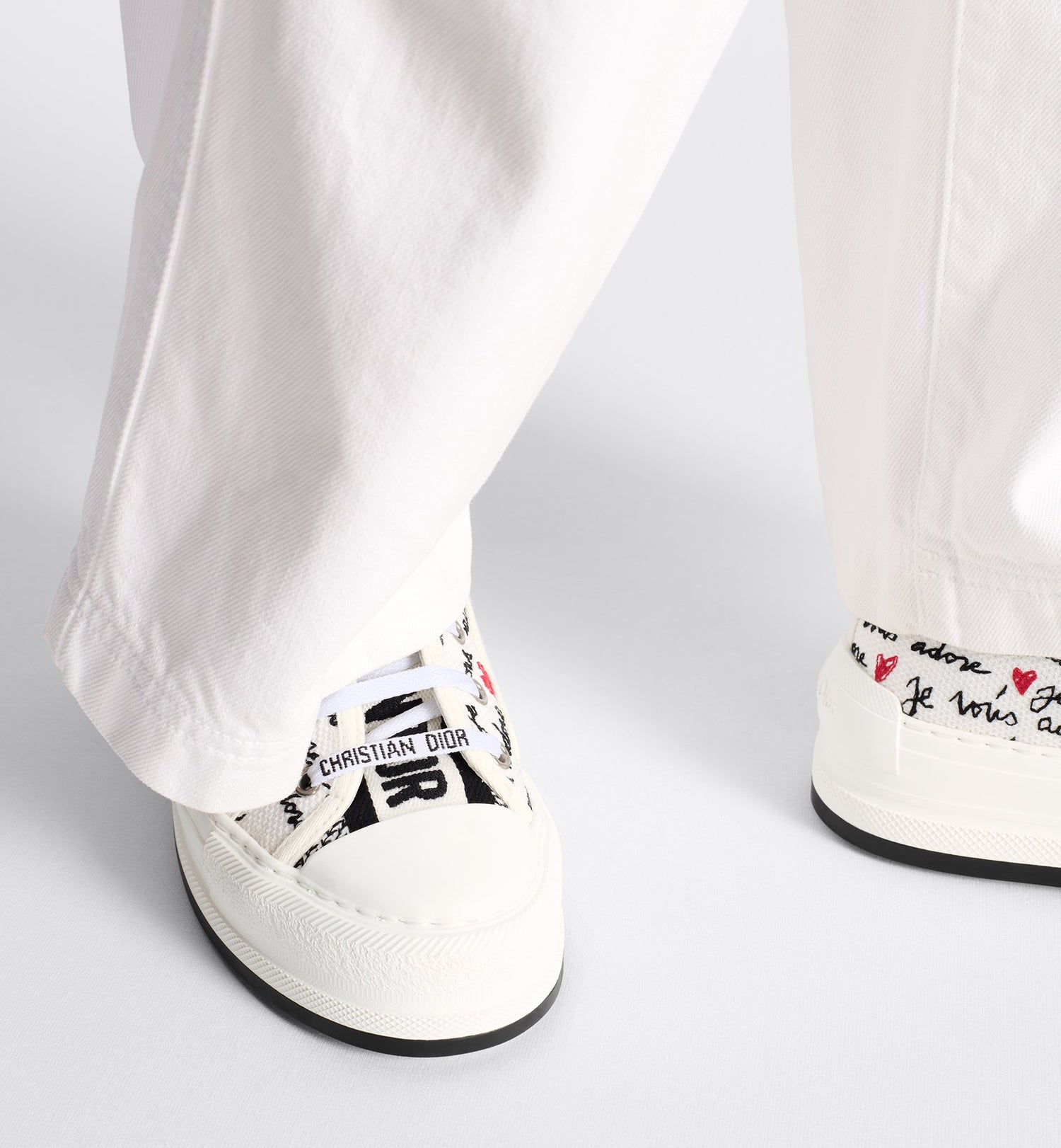 Dioramour Walk N Dior Platform Sneaker White Cotton With Embroidered Black And Red Je Vous Adore Motif