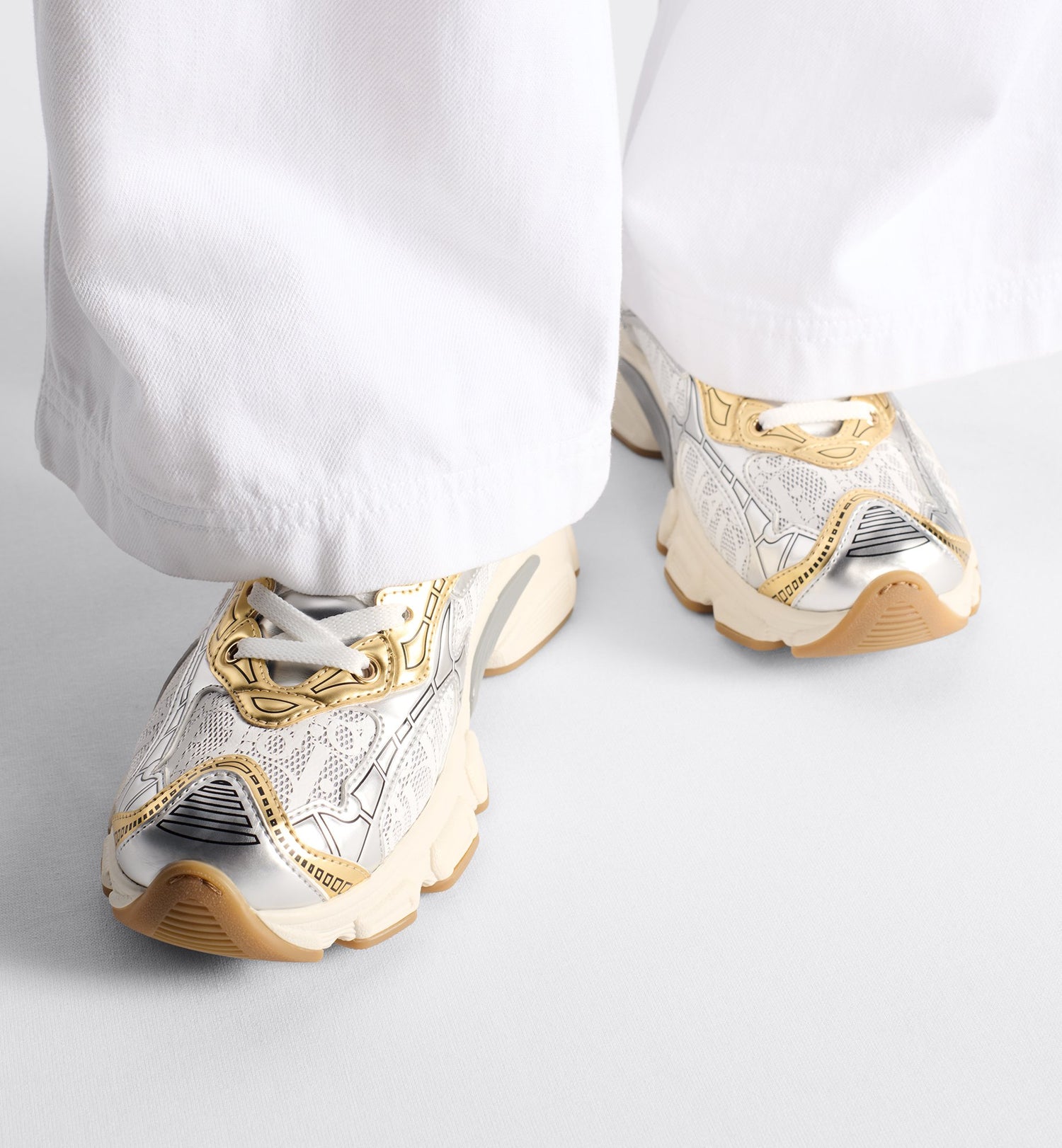 Dior Vibe Sneaker White Mesh Printed With Dior Oblique Motif And Gold- And Silver-Tone Laminated Leather-Effect Panels