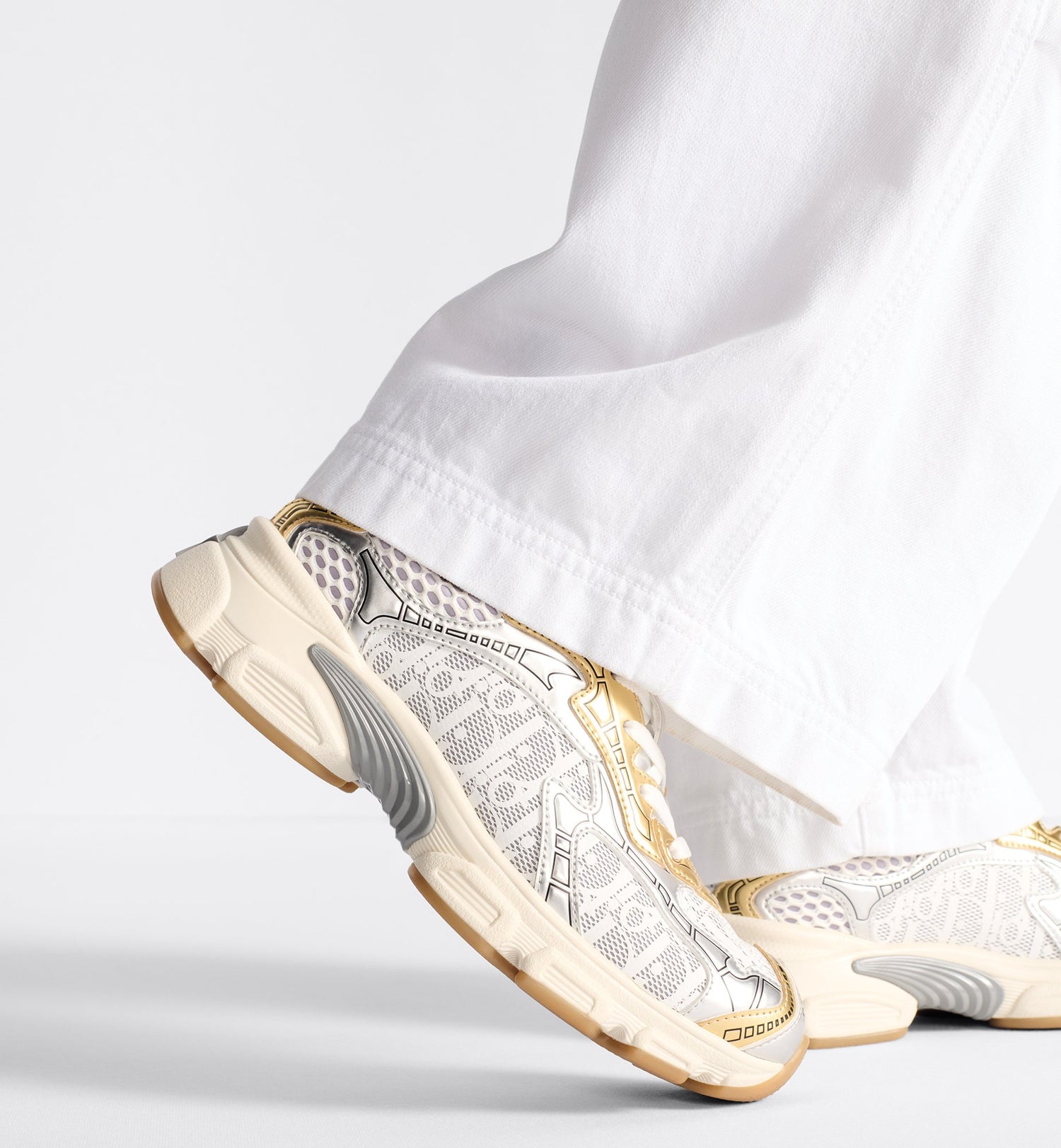 Dior Vibe Sneaker White Mesh Printed With Dior Oblique Motif And Gold- And Silver-Tone Laminated Leather-Effect Panels