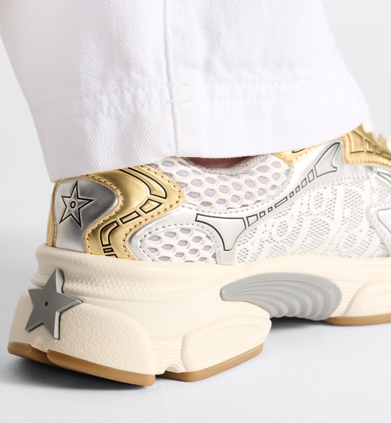 Dior Vibe Sneaker White Mesh Printed With Dior Oblique Motif And Gold- And Silver-Tone Laminated Leather-Effect Panels