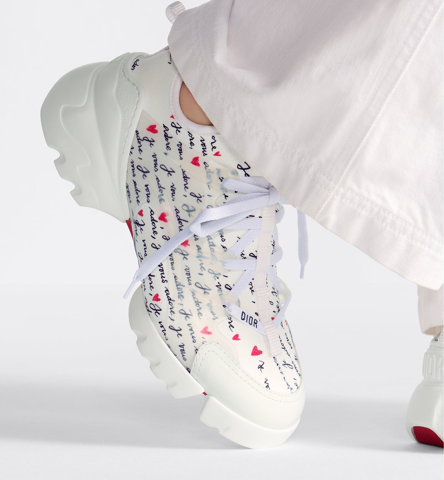 D-Connect Dioramour Sneaker White Technical Fabric Printed With Black And Red Je Vous Adore Motif