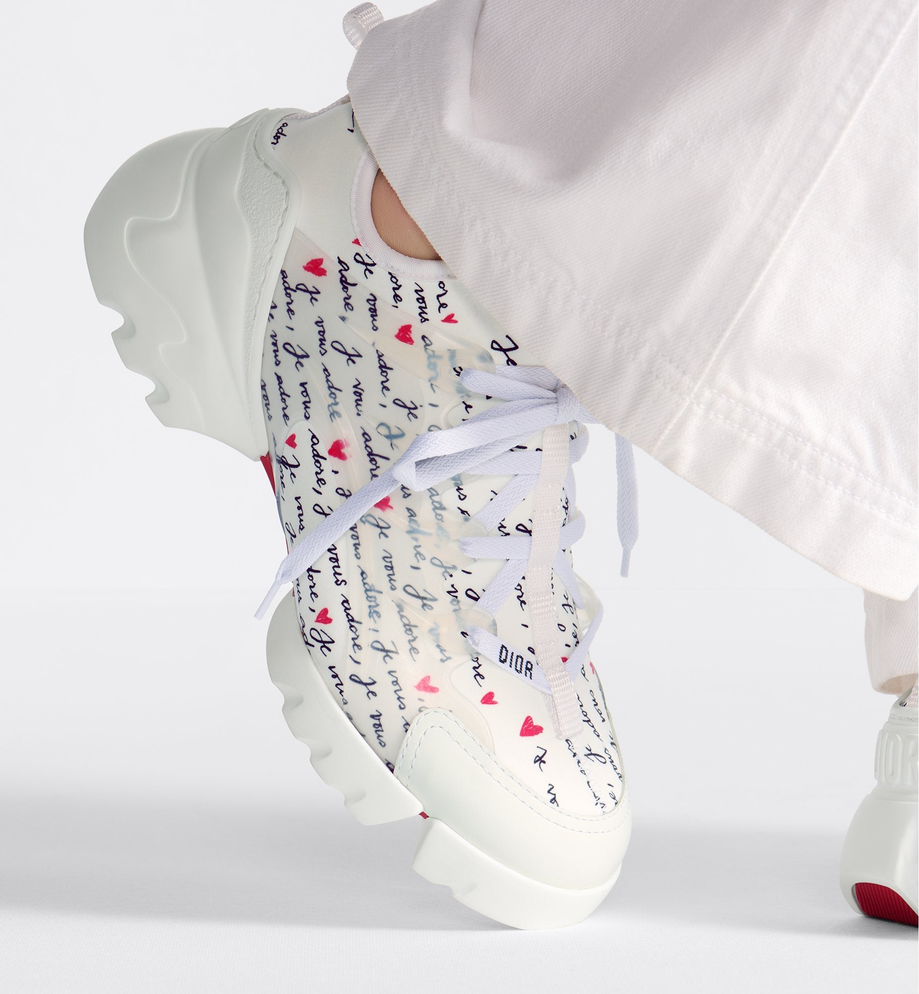 D-Connect Dioramour Sneaker White Technical Fabric Printed With Black And Red Je Vous Adore Motif