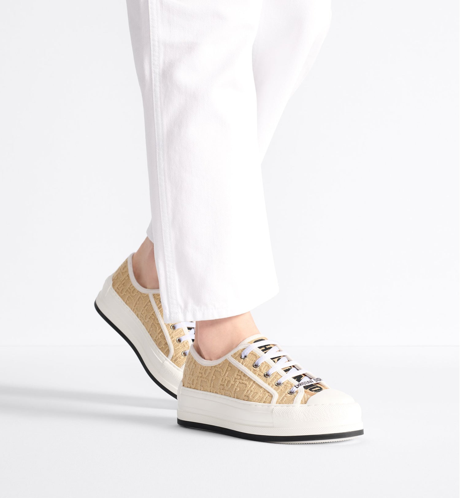 Walk N Dior Platform Sneaker Natural Raffia Effect Cotton Embroidered With Dior Oblique Motif