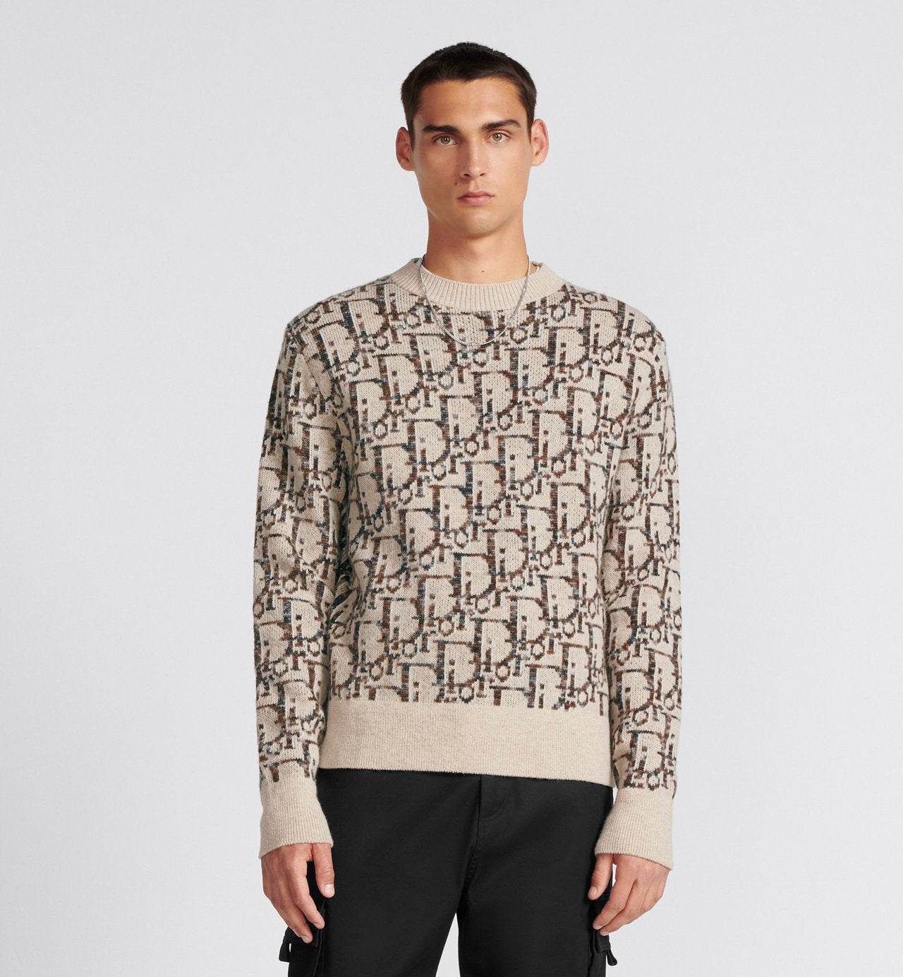 Oblique Sweater Beige And Brown Virgin Wool Jacquard