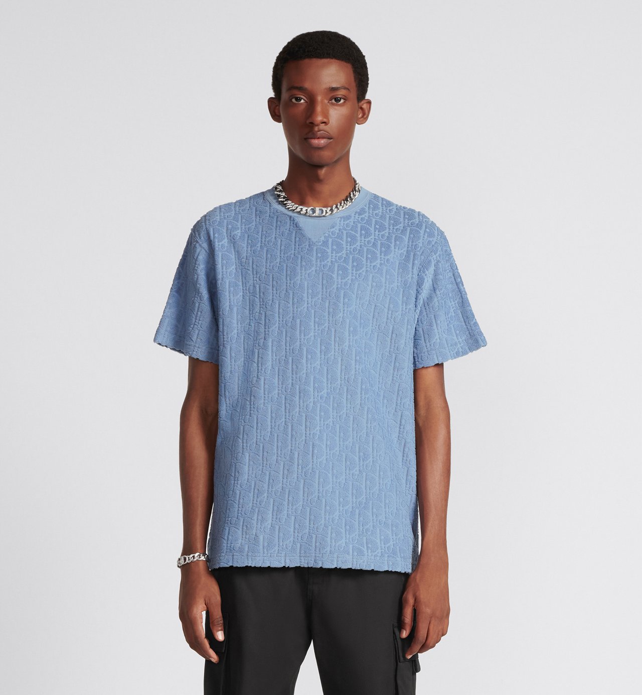 Oblique Relaxed Fit T-Shirt Blue Terry Cotton Jacquard