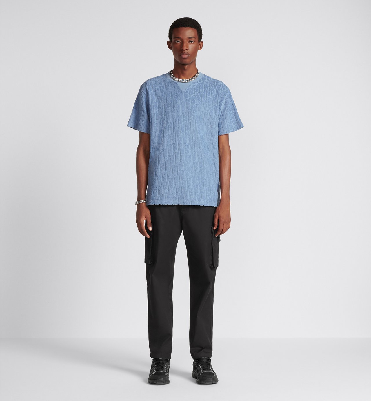 Oblique Relaxed Fit T-Shirt Blue Terry Cotton Jacquard