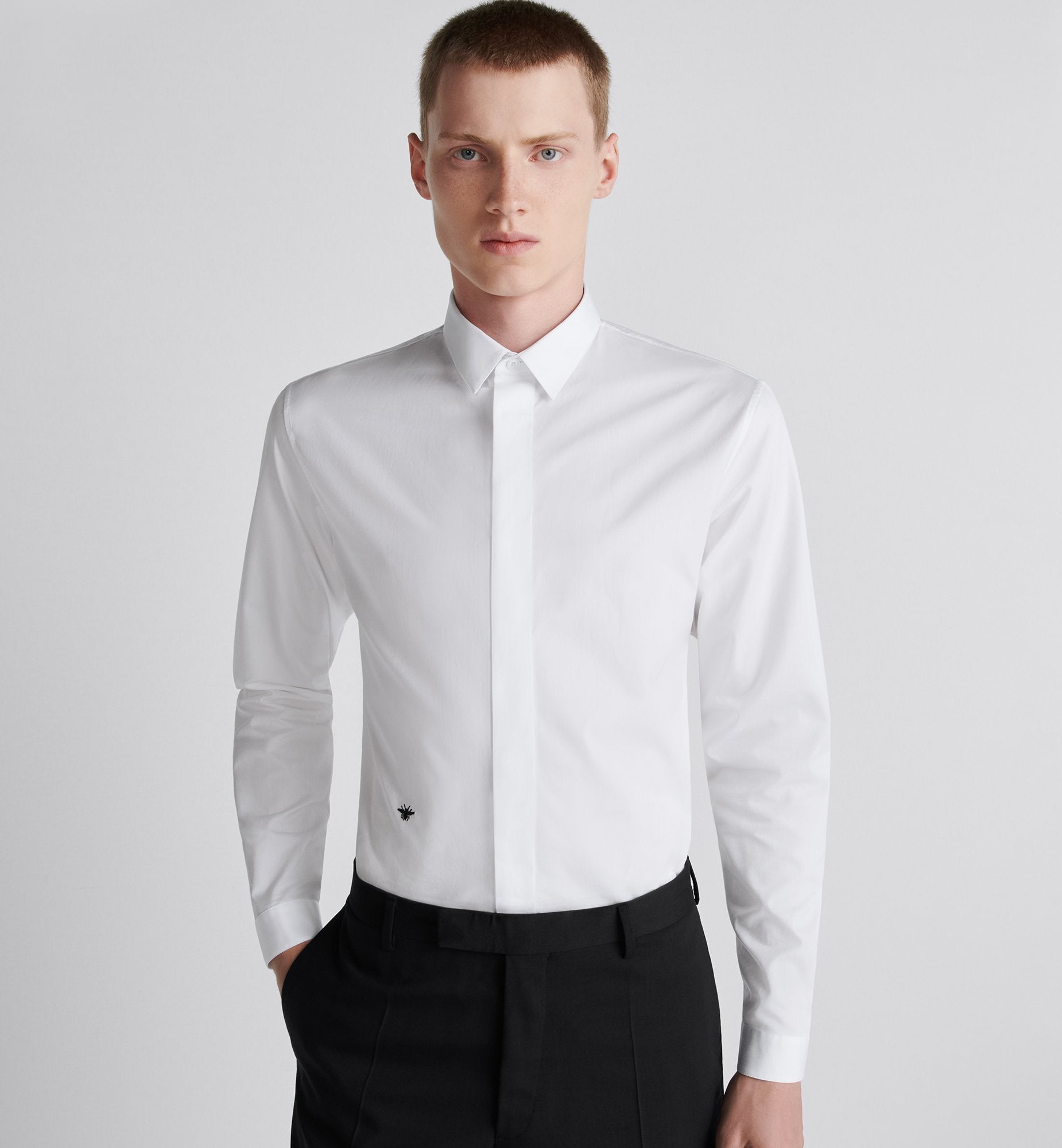 Shirt With Black Bee Embroidery White Cotton Poplin