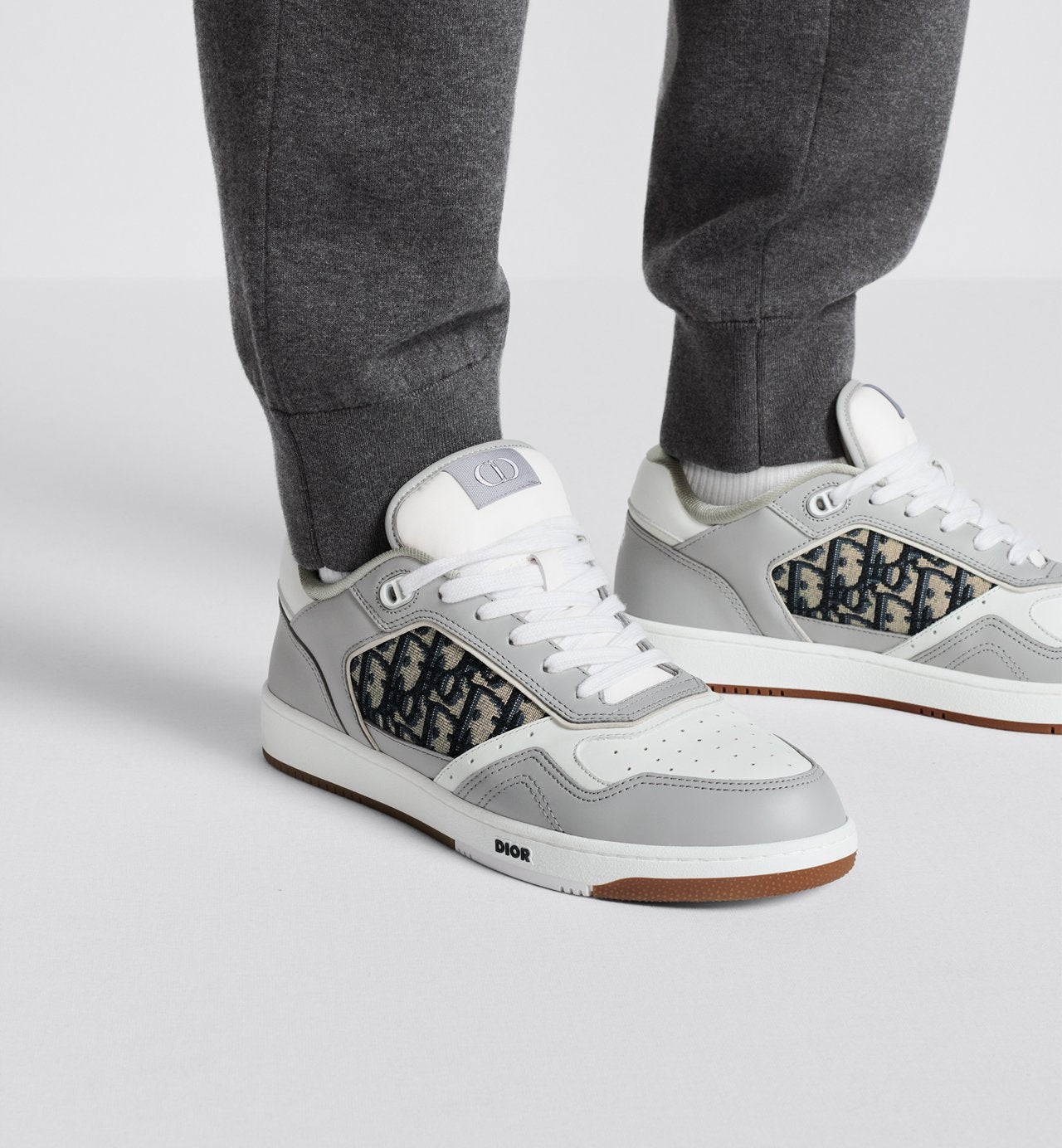 B27 Low-Top Sneaker Gray And White Smooth Calfskin With Beige And Black Dior Oblique Jacquard