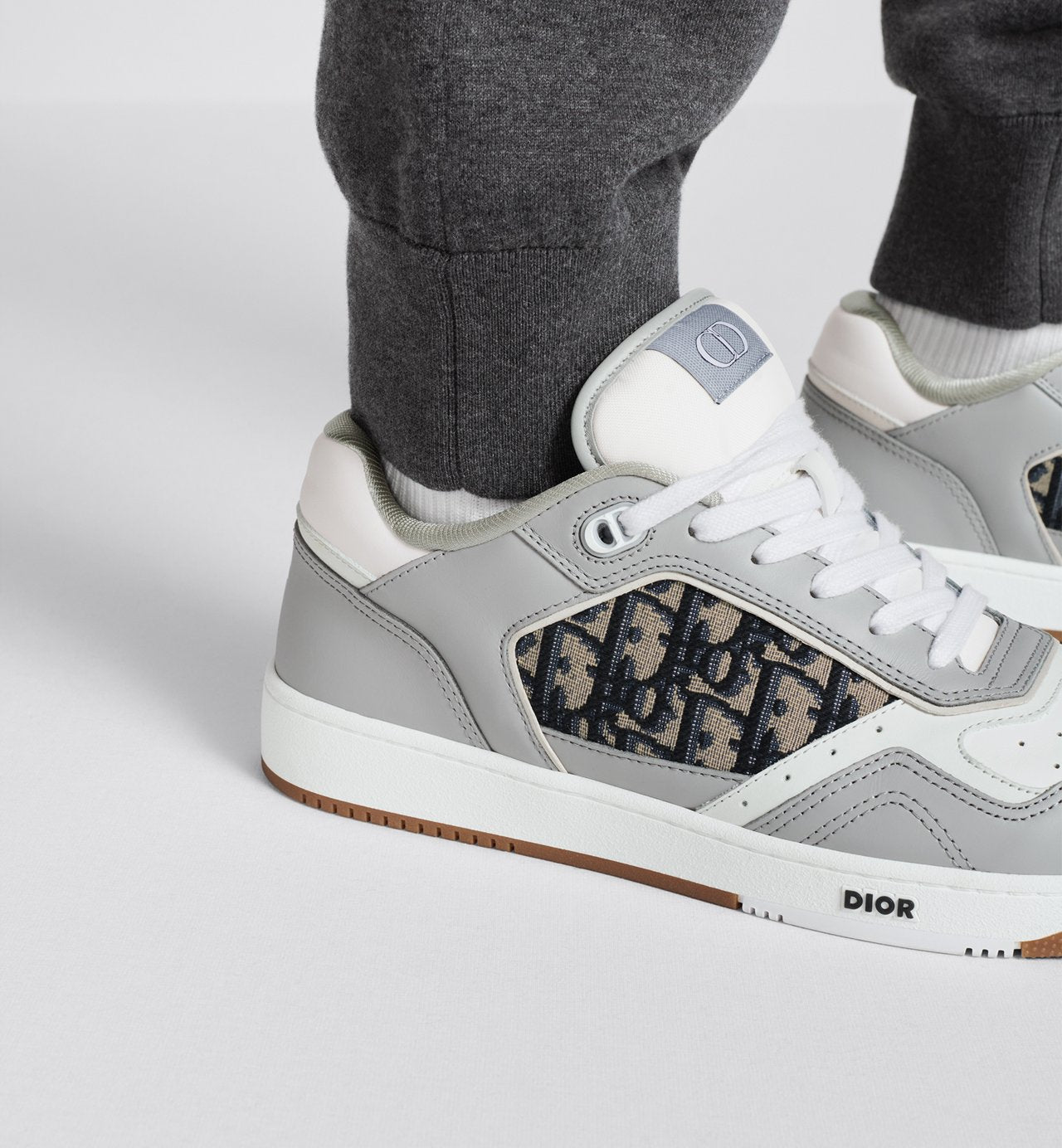 B27 Low-Top Sneaker Gray And White Smooth Calfskin With Beige And Black Dior Oblique Jacquard