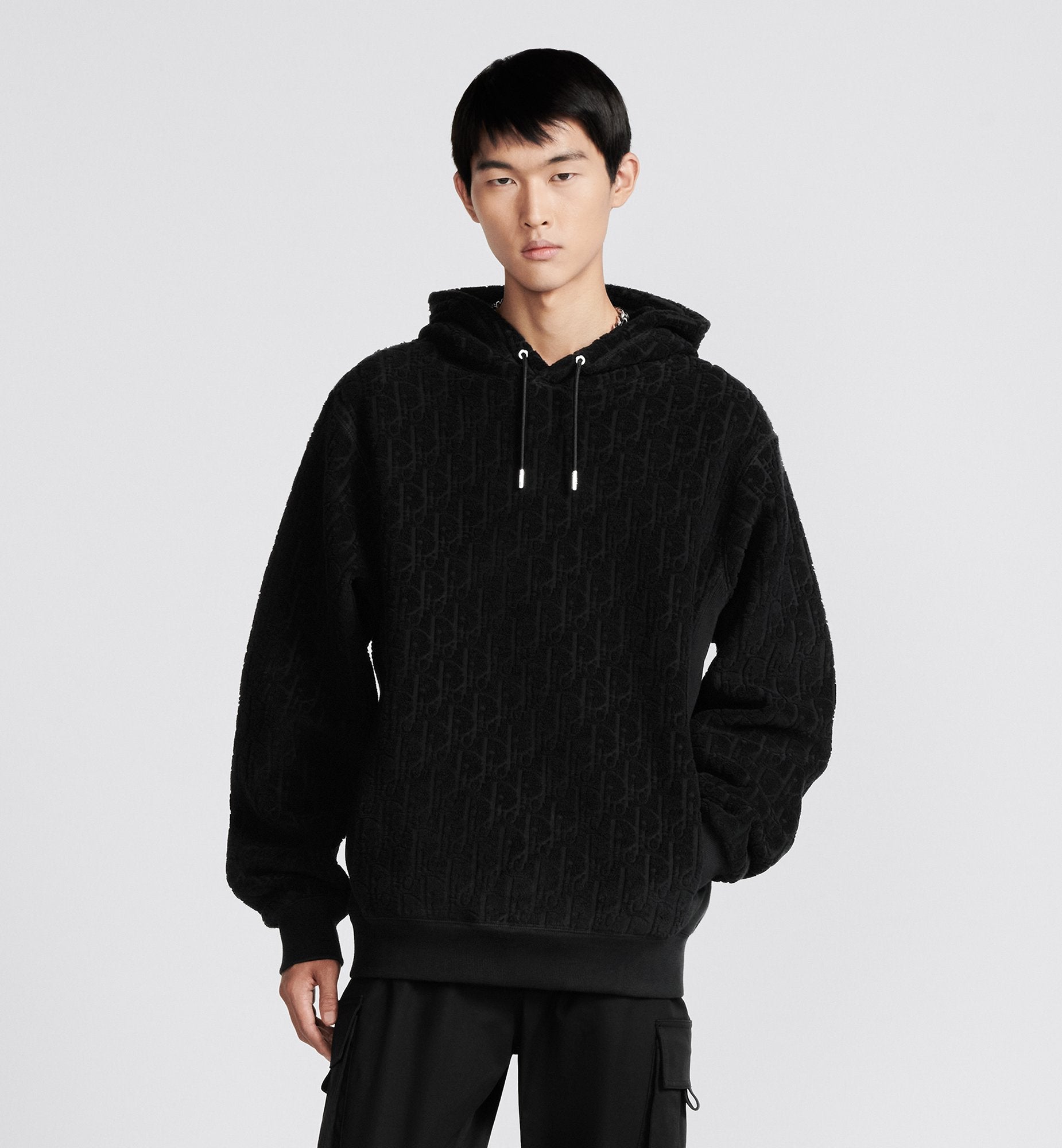 Oblique Relaxed Fit Hooded Sweatshirt Black Terry Cotton Jacquard