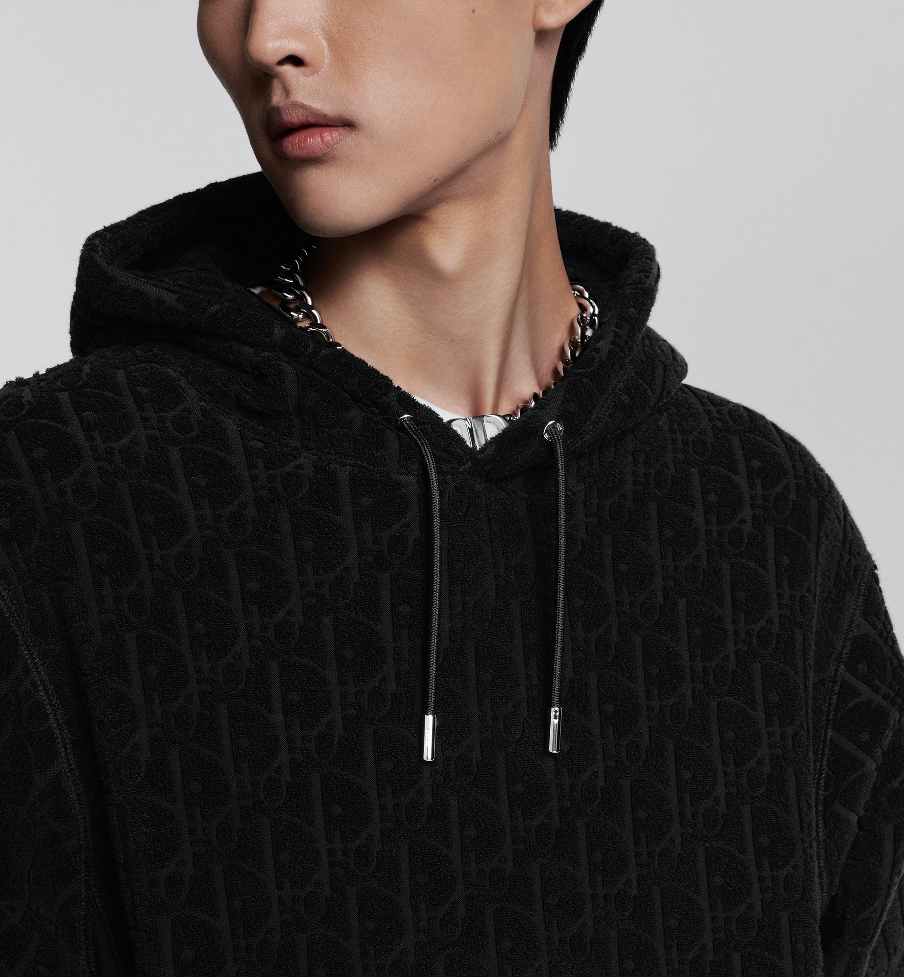 Oblique Relaxed Fit Hooded Sweatshirt Black Terry Cotton Jacquard