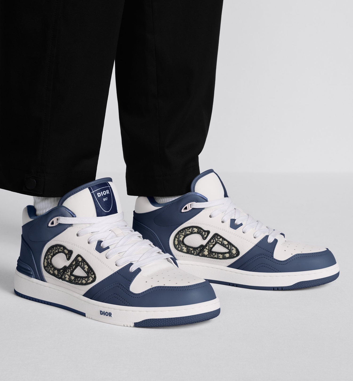 B57 Mid-Top Sneaker Navy Blue And White Smooth Calfskin With Beige And Black Dior Oblique Jacquard