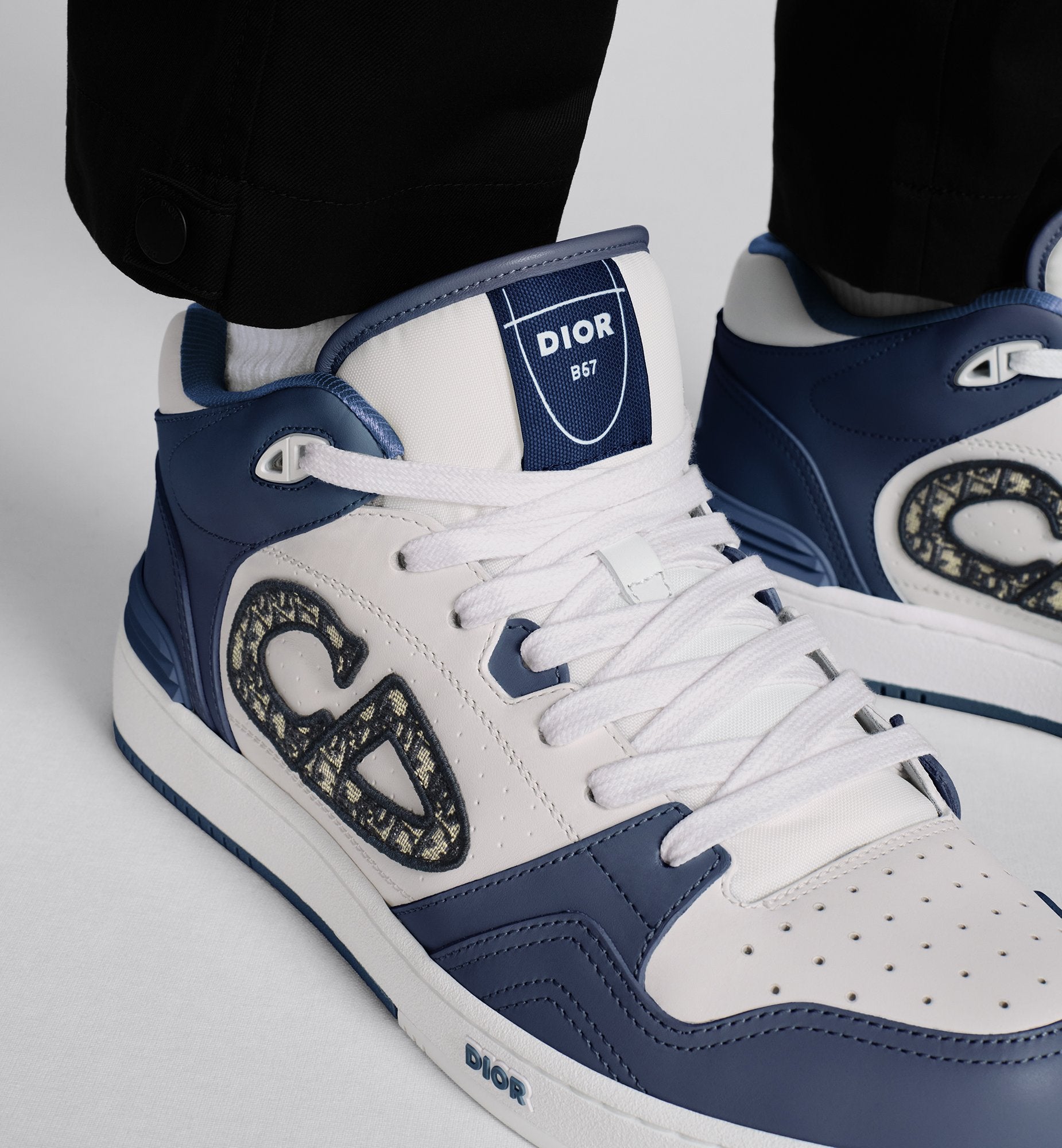 B57 Mid-Top Sneaker Navy Blue And White Smooth Calfskin With Beige And Black Dior Oblique Jacquard