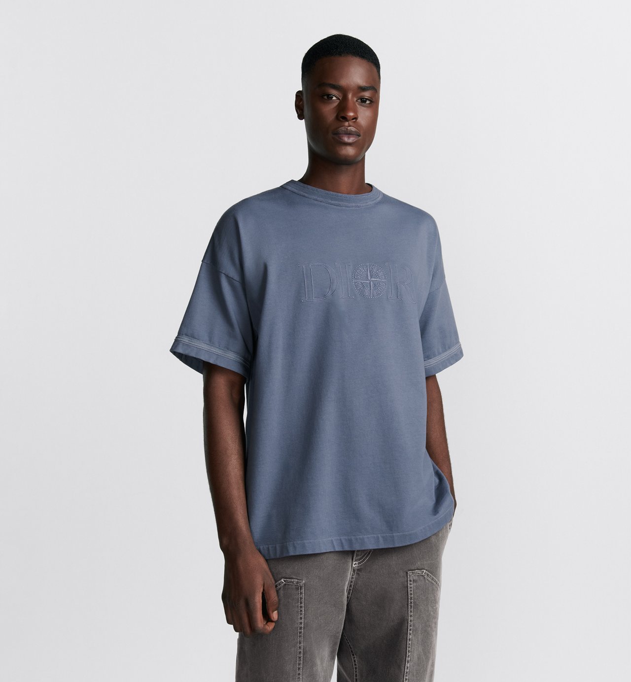 Dior And Stone Island T-Shirt Oversized Fit Blue Cotton Jersey