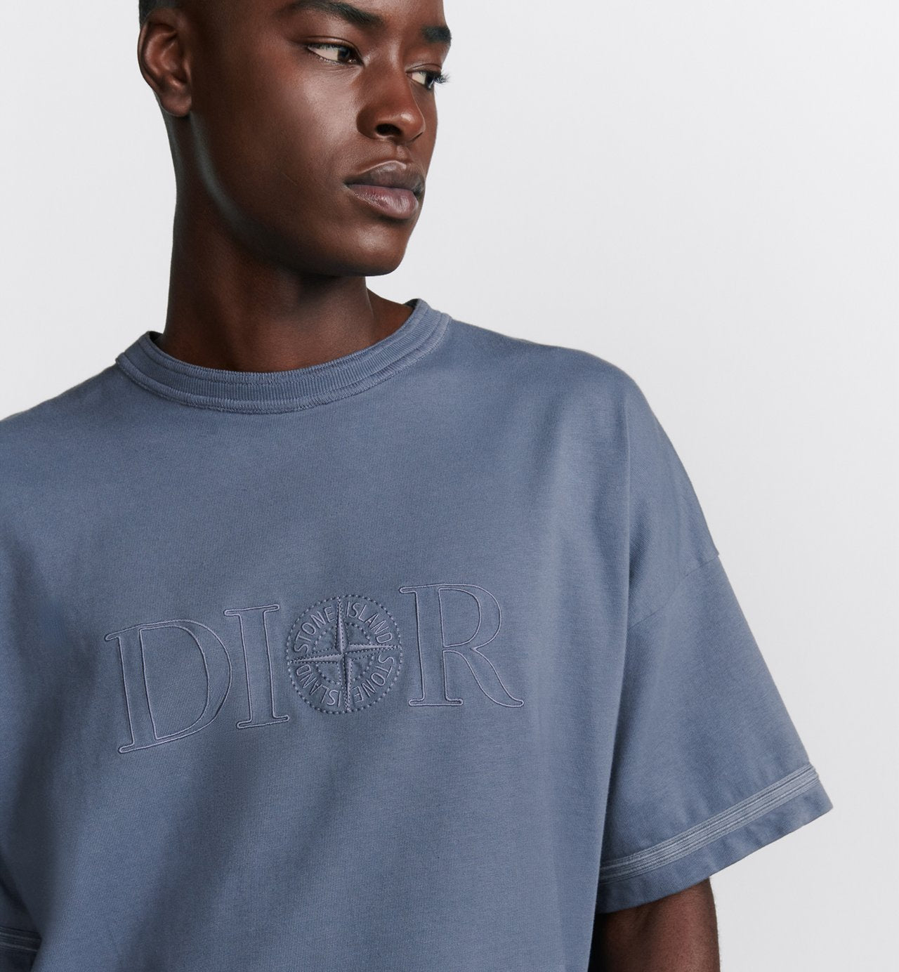 Dior And Stone Island T-Shirt Oversized Fit Blue Cotton Jersey