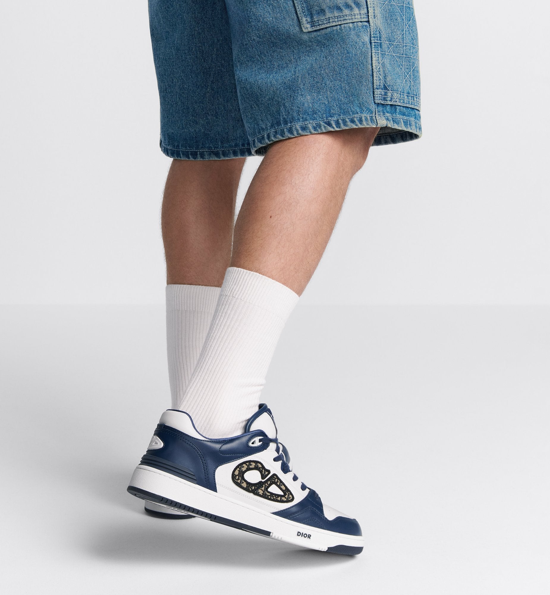 B57 Low-Top Sneaker Navy Blue And White Smooth Calfskin With Beige And Black Dior Oblique Jacquard