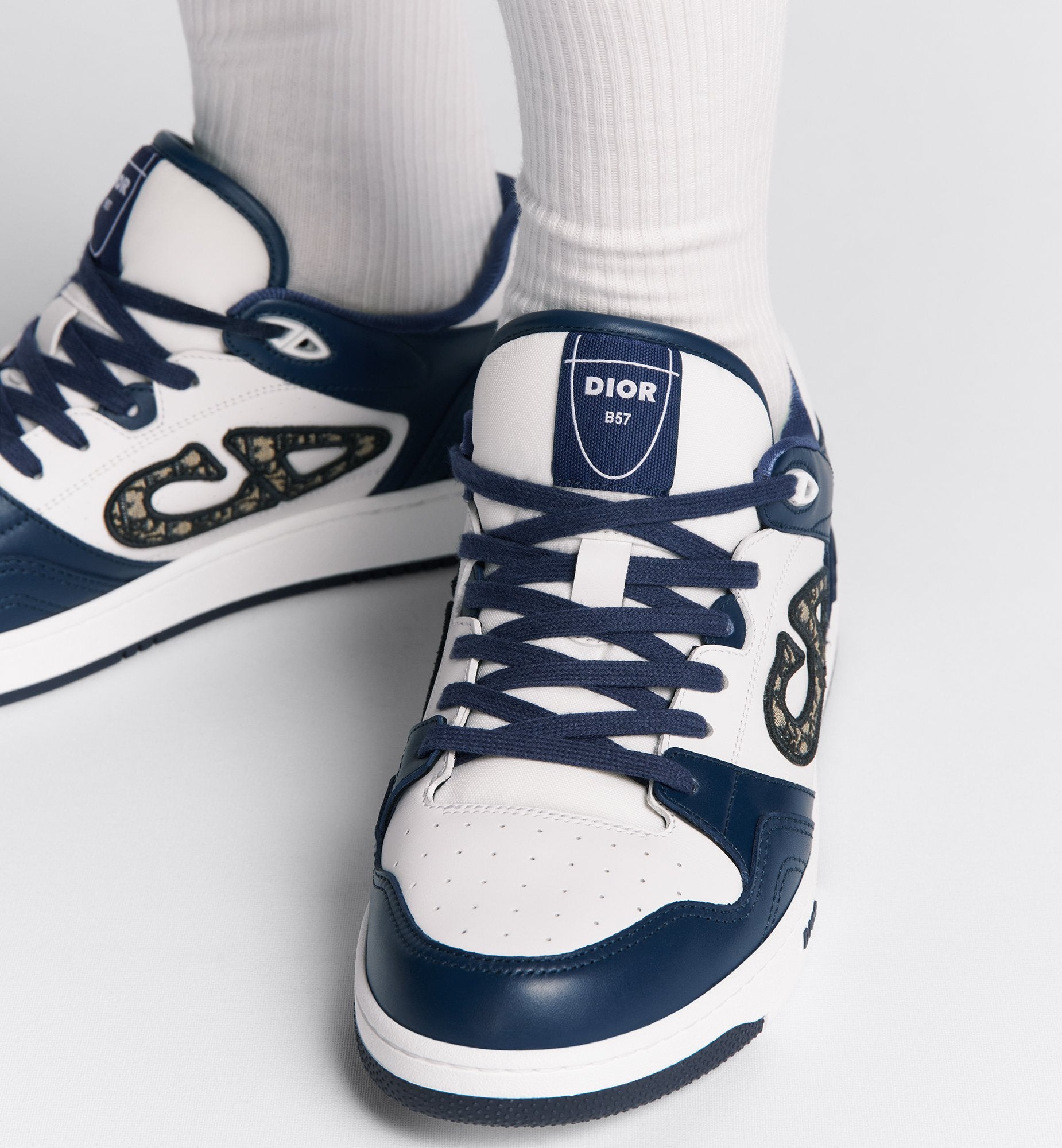 B57 Low-Top Sneaker Navy Blue And White Smooth Calfskin With Beige And Black Dior Oblique Jacquard