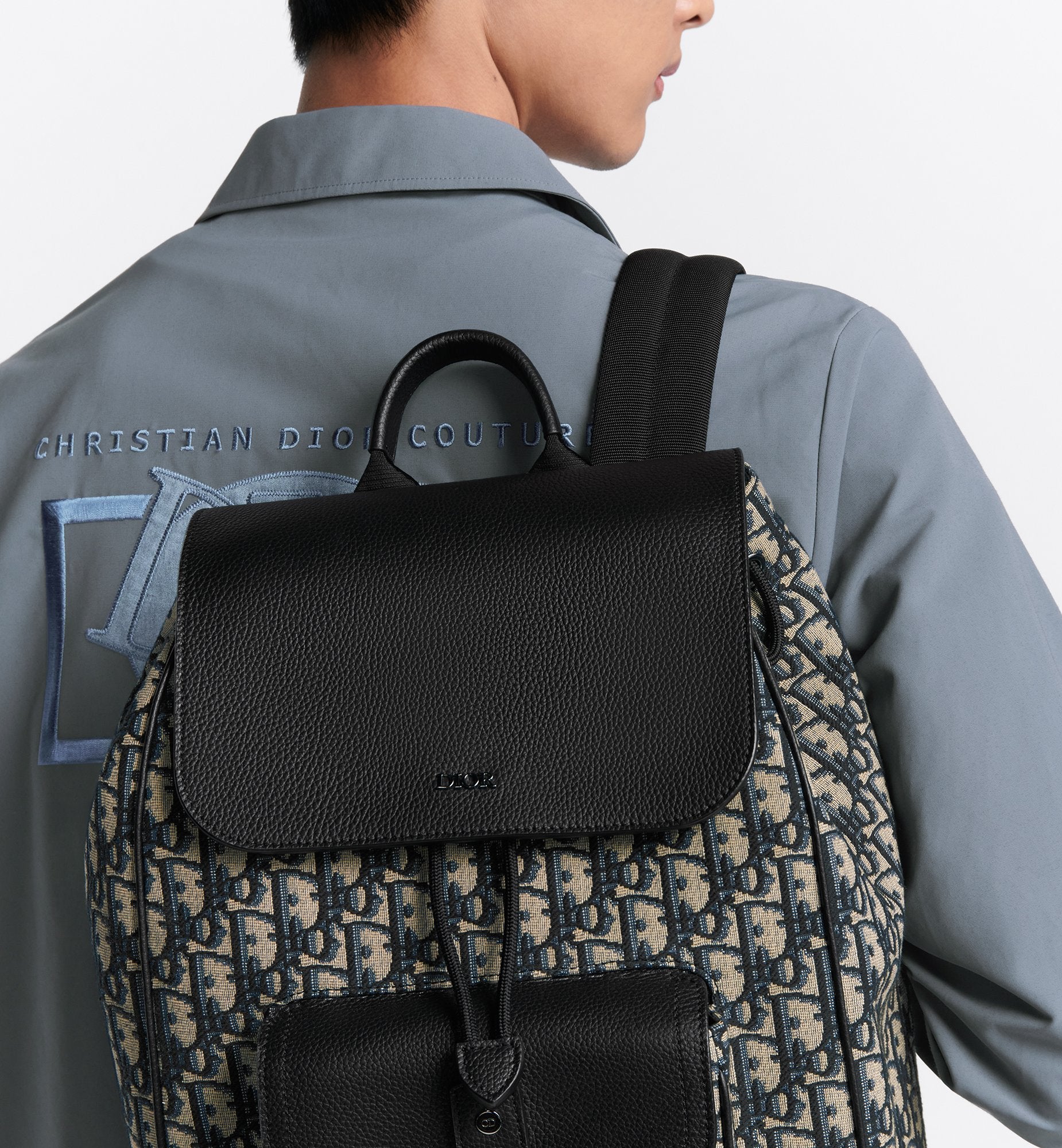 Saddle Backpack With Flap Beige And Black Dior Oblique Jacquard With Black Grained Calfskin