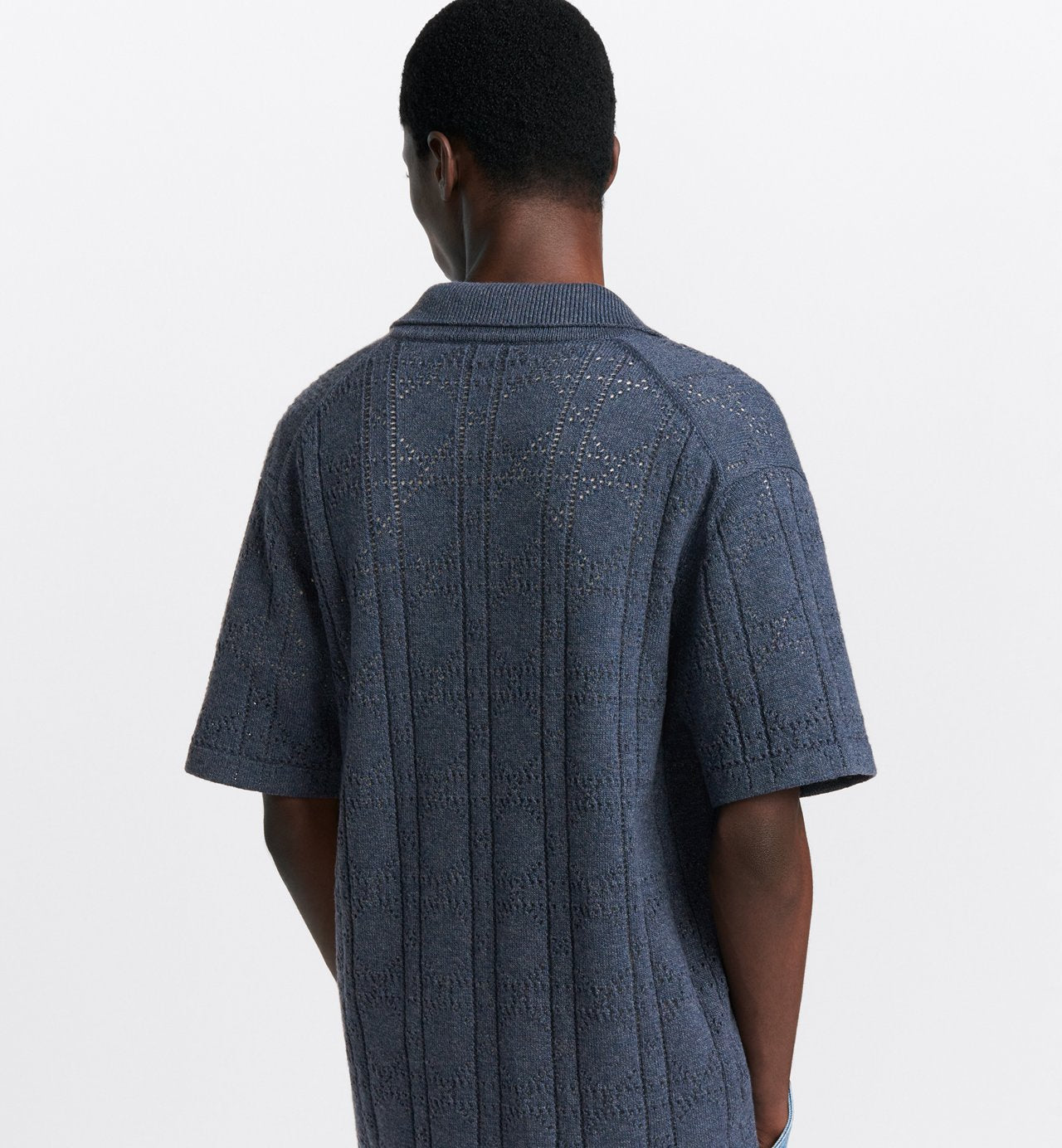 Cannage Short-Sleeved Shirt Blue Cotton And Cashmere Pointelle Knit